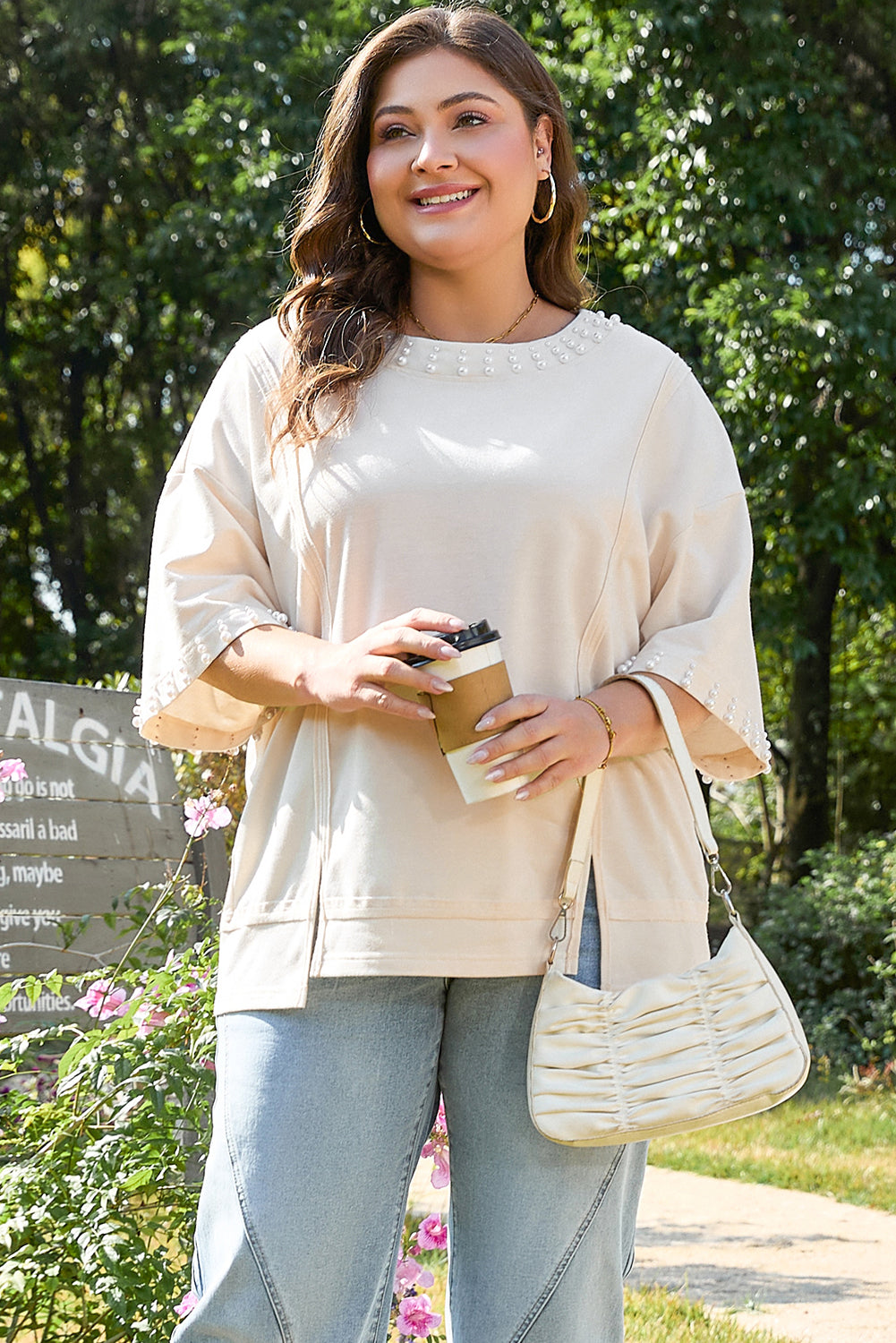 Beige Pearl Decor Crew Neck Half Sleeve Plus Size T Shirt 🇨🇳