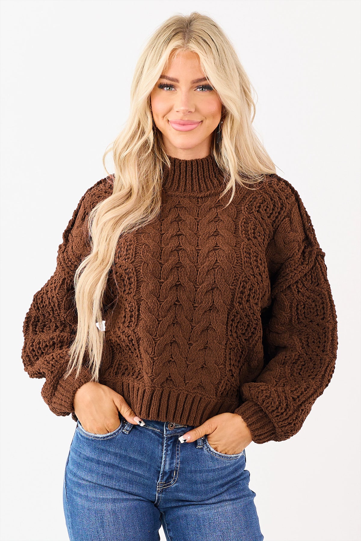 Coffee Solid Color Cable Knit High Neck Loose Pullover Sweater 🇺🇸