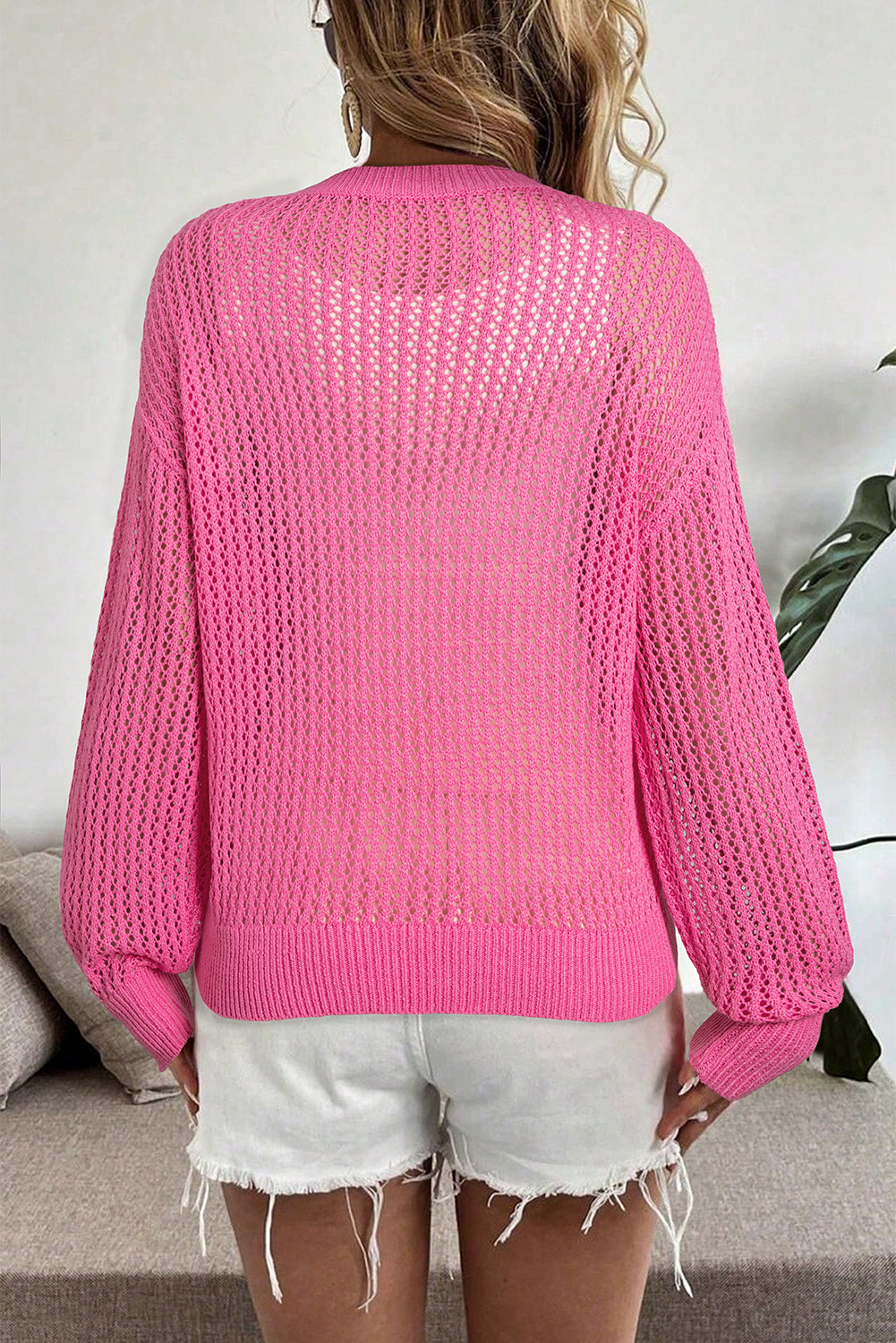 Sachet Pink Sweet Bow Decor Hollow Out Knitted Drop Shoulder Sweater 🇺🇲