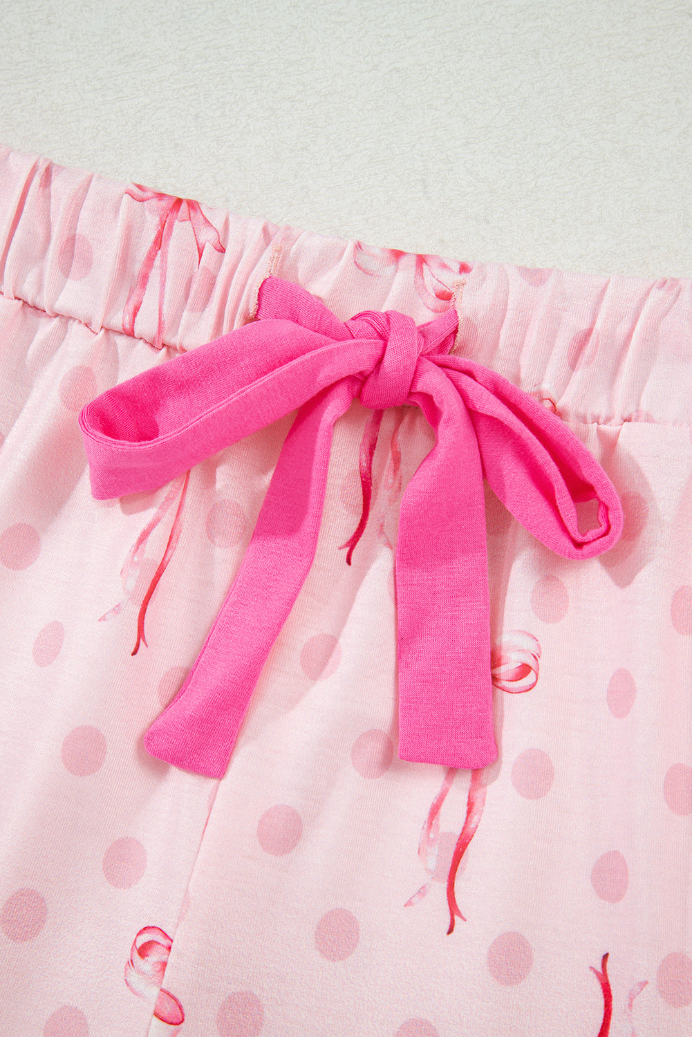 Pink Bow Print Contrast Pipping Short Pajamas Set 🇺🇸