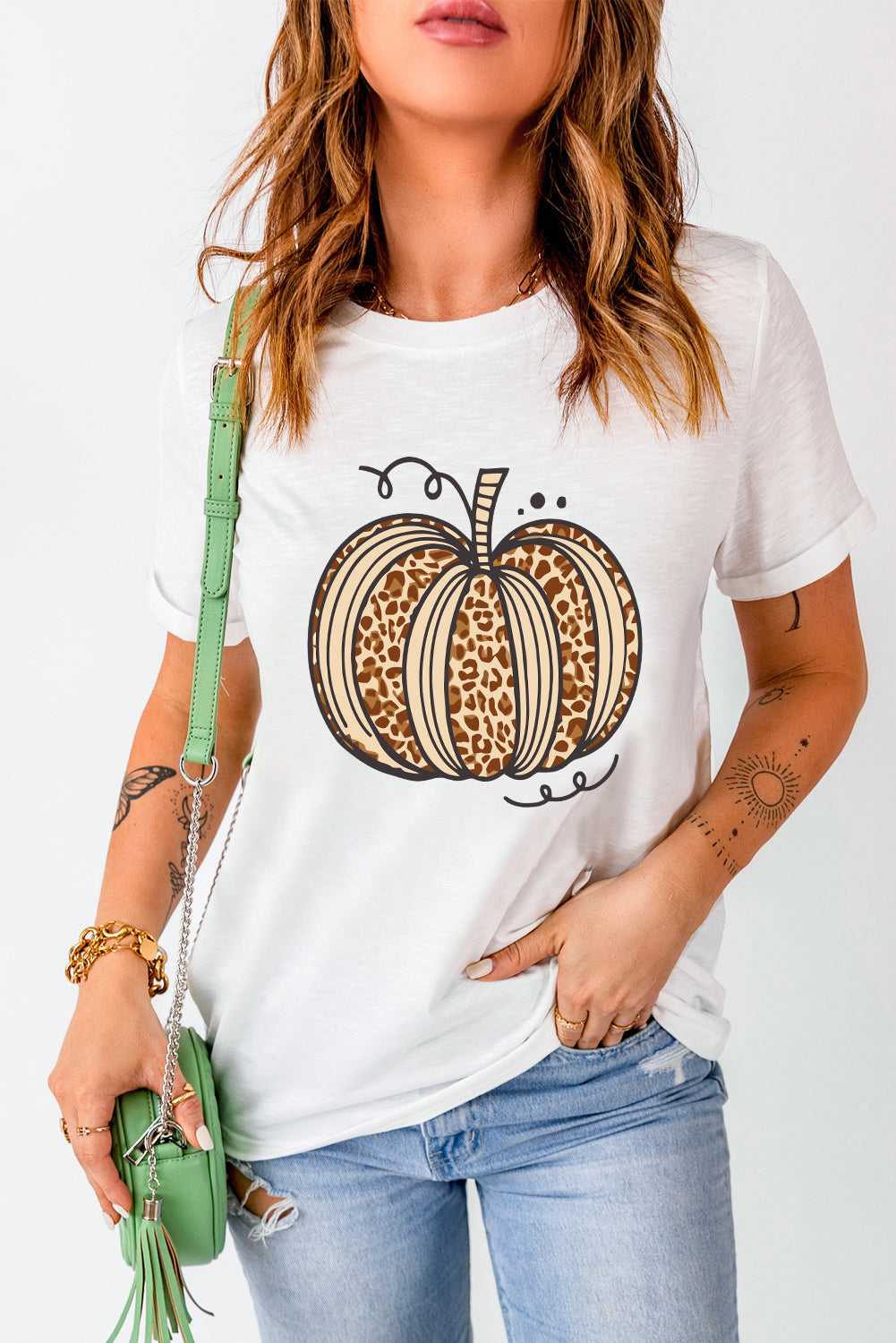 White Leopard Pumpkin Graphic Crewneck Halloween T Shirt 🇺🇸