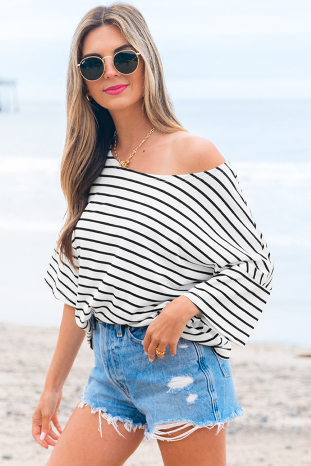 Black Stripe Half Sleeve Scoop Neck Loose Top 🇨🇳