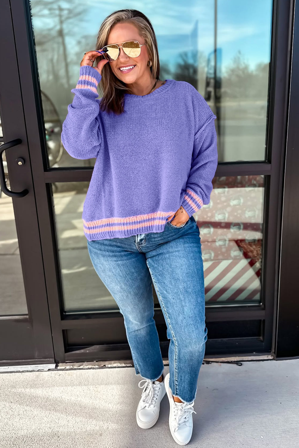 Wisteria Plus Size Striped Trim Drop Shoulder Knit Loose Sweater 🇺🇸