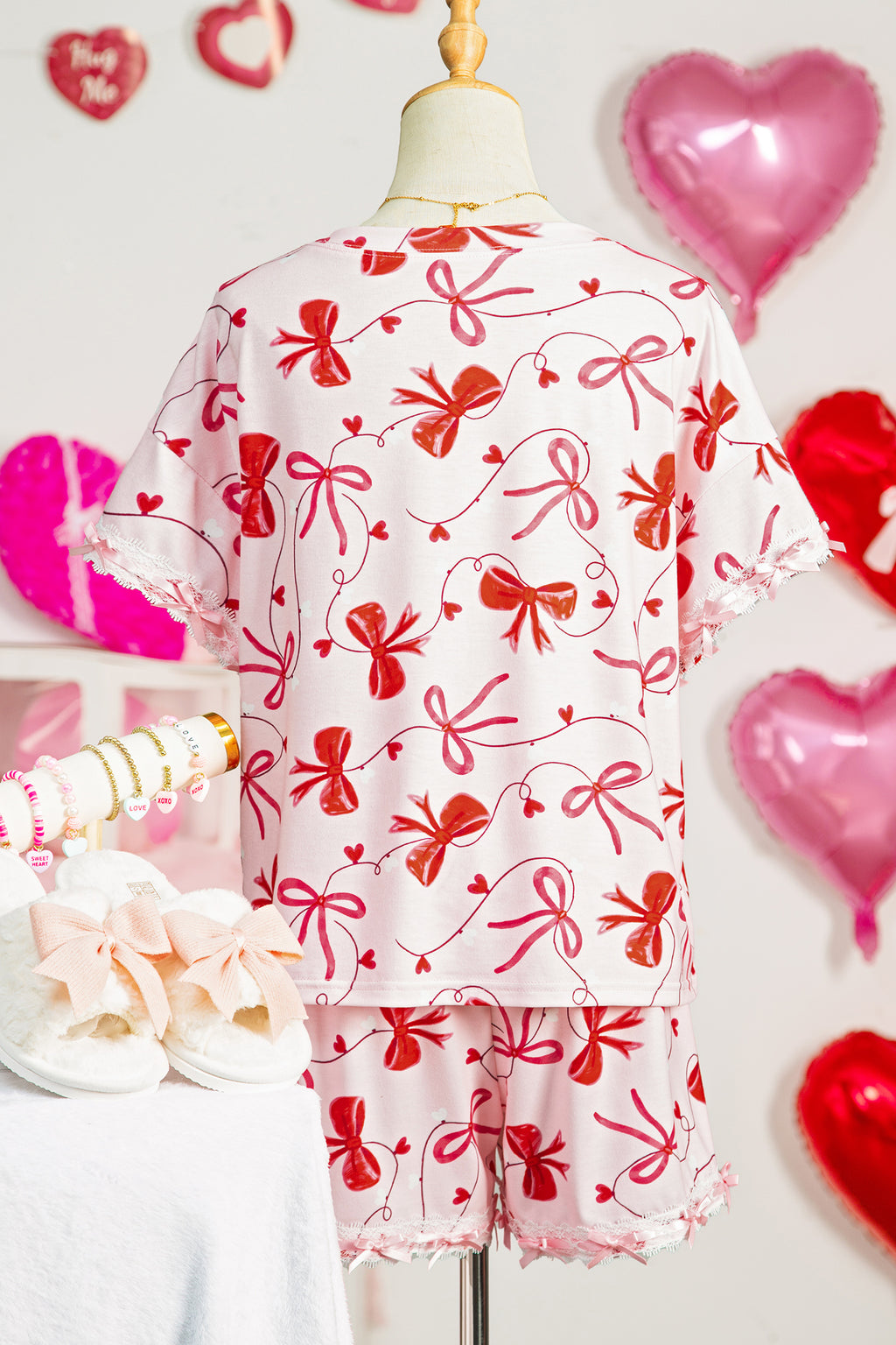 Red Romantic Bow Print Loose Tee Drawstring Shorts 2pcs Lounge Set 🇺🇸