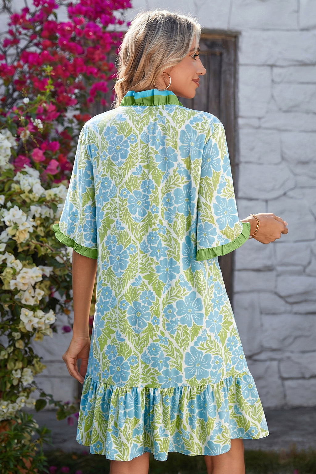 Sky Blue Botanical Floral Print Frilled Trim V Neck Button Front Loose Dress 🇺🇸