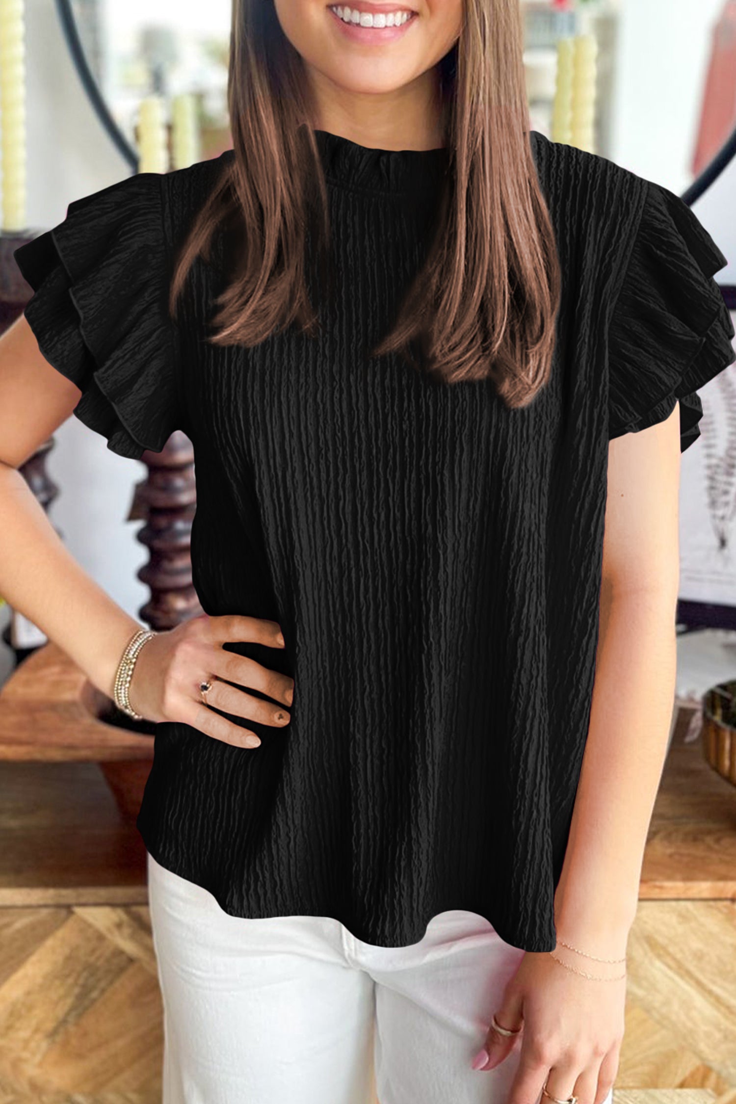 White Solid Color Textured Ruffle Trim Short Sleeve Blouse 🇺🇸