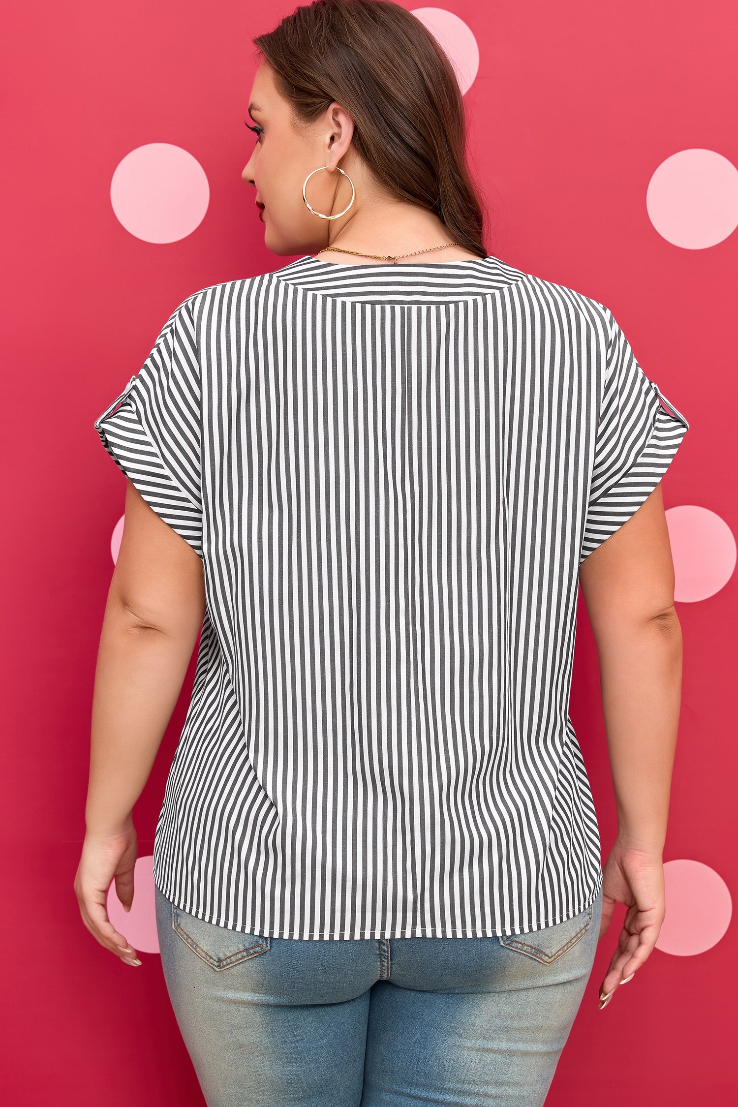 Black Stripe Plus Size V Neck Roll-tab Short Dolman Sleeve Blouse 🇺🇸