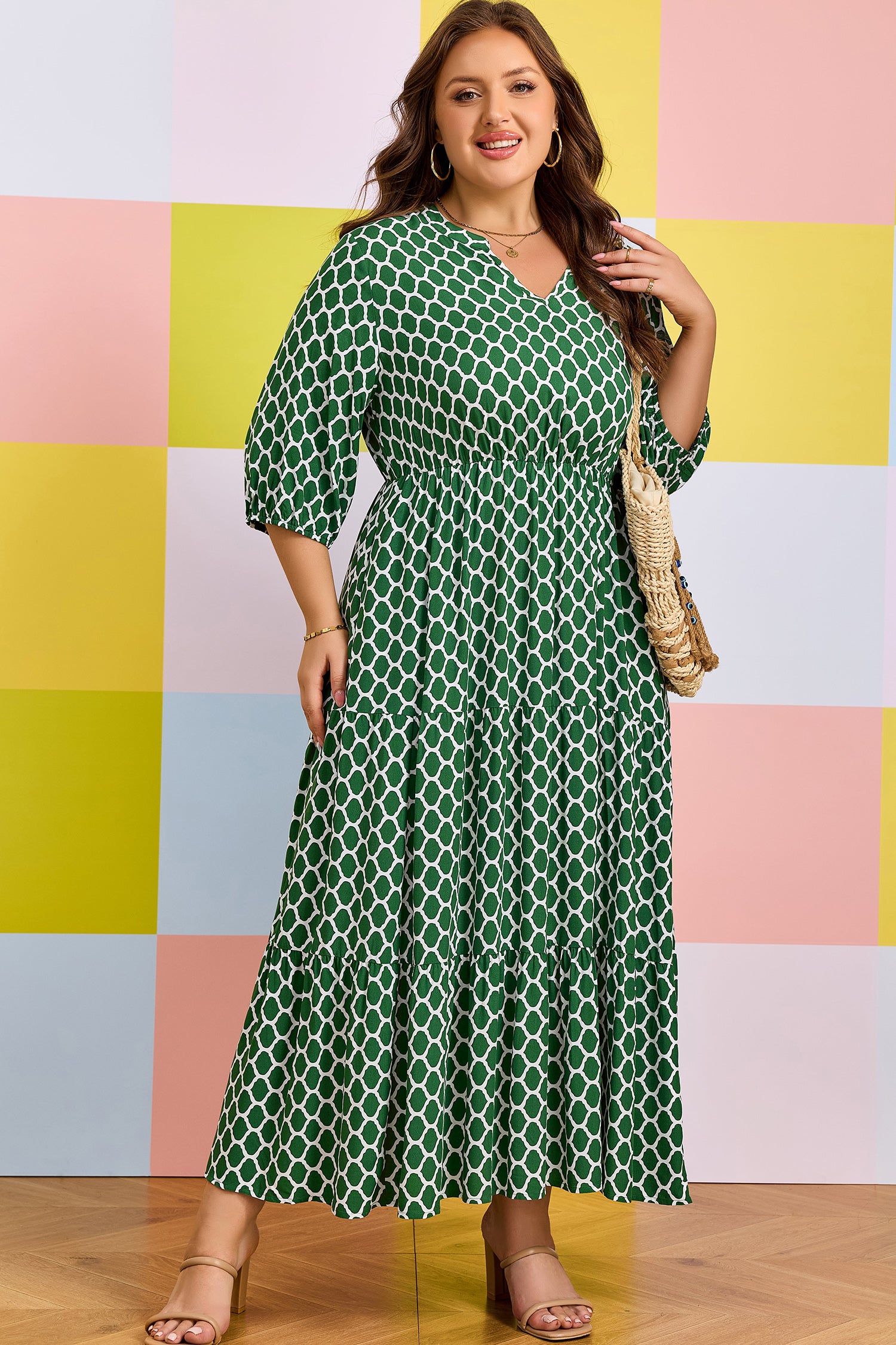 Green Plus Size Geometric Print Pocketed Ruffle Hem Casual Dress 🇺🇸