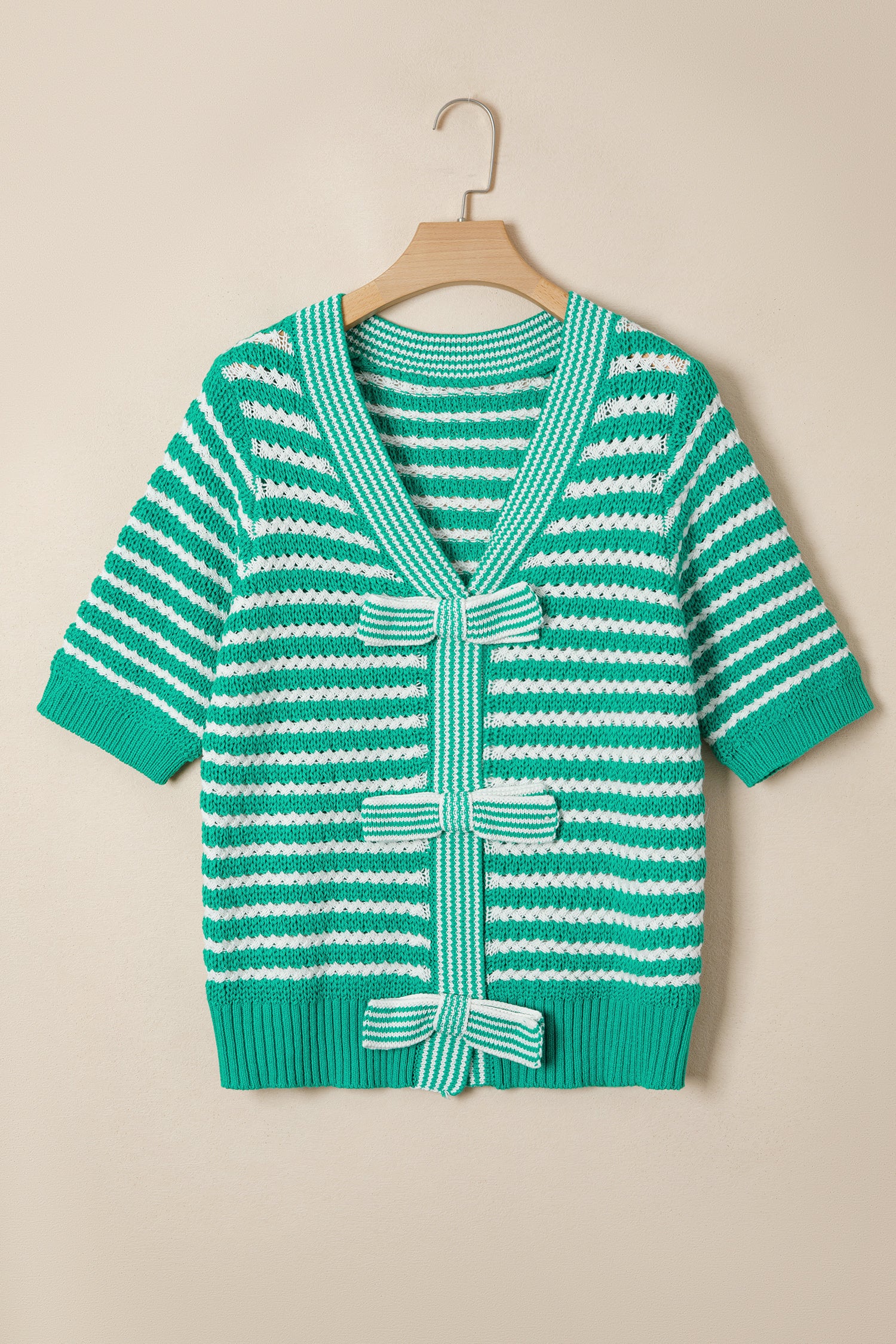 Green Stripe Short Sleeve Knit V Neck Bow Knot Sweater 🇺🇸