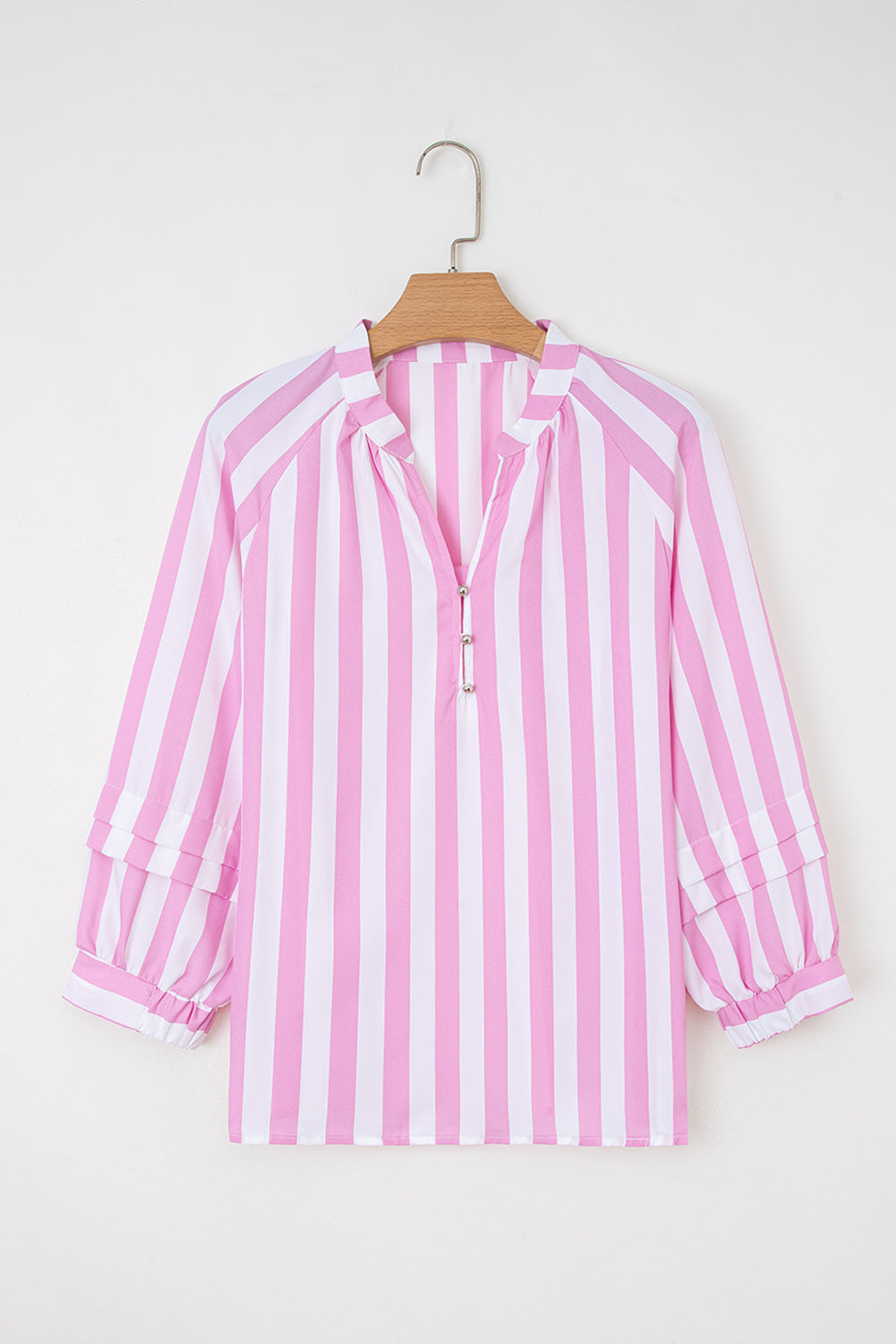 Rose Stripe Split Neck Button Decor Front Puff Sleeve Blouse 🇺🇸