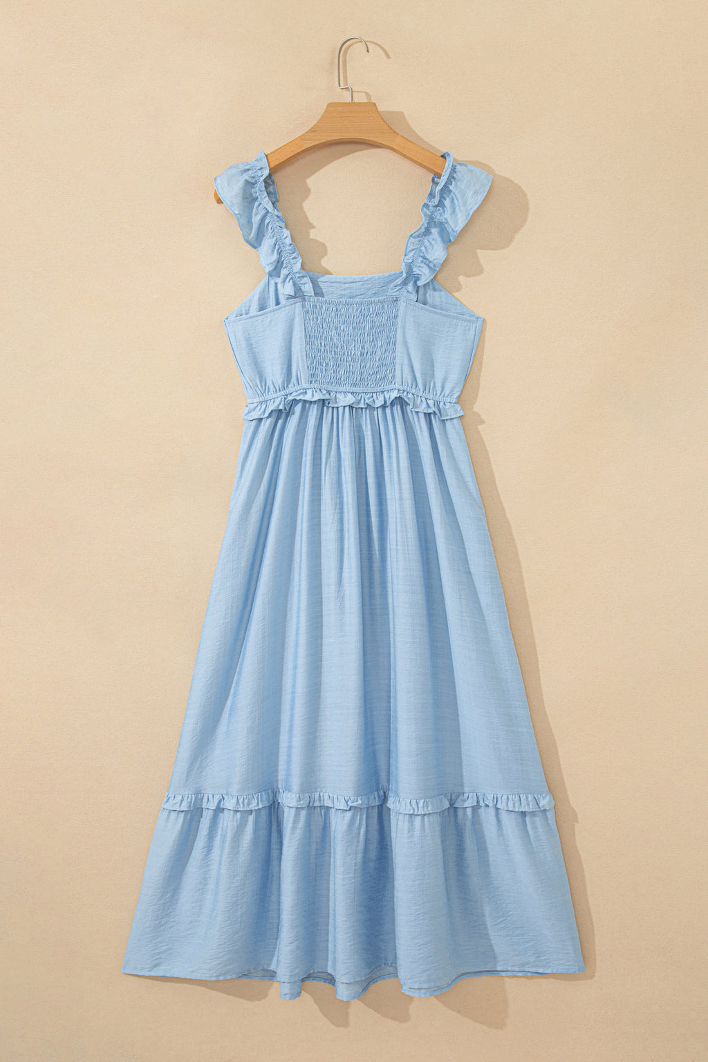 Beau Blue Solid Color Ruffle Trim High Waist Sleeveless Maxi Dress 🇺🇸