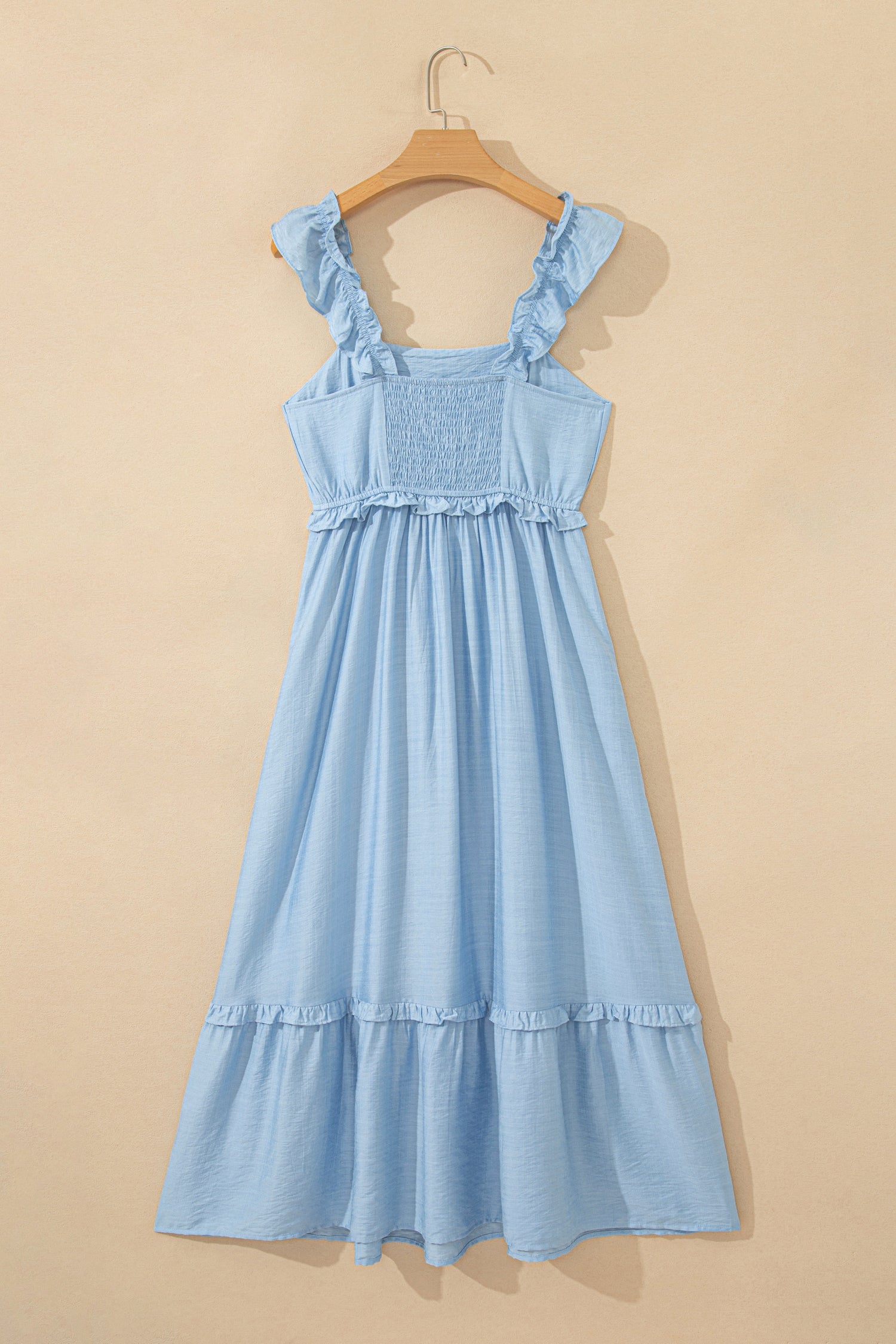 Beau Blue Solid Color Ruffle Trim High Waist Sleeveless Maxi Dress 🇺🇸