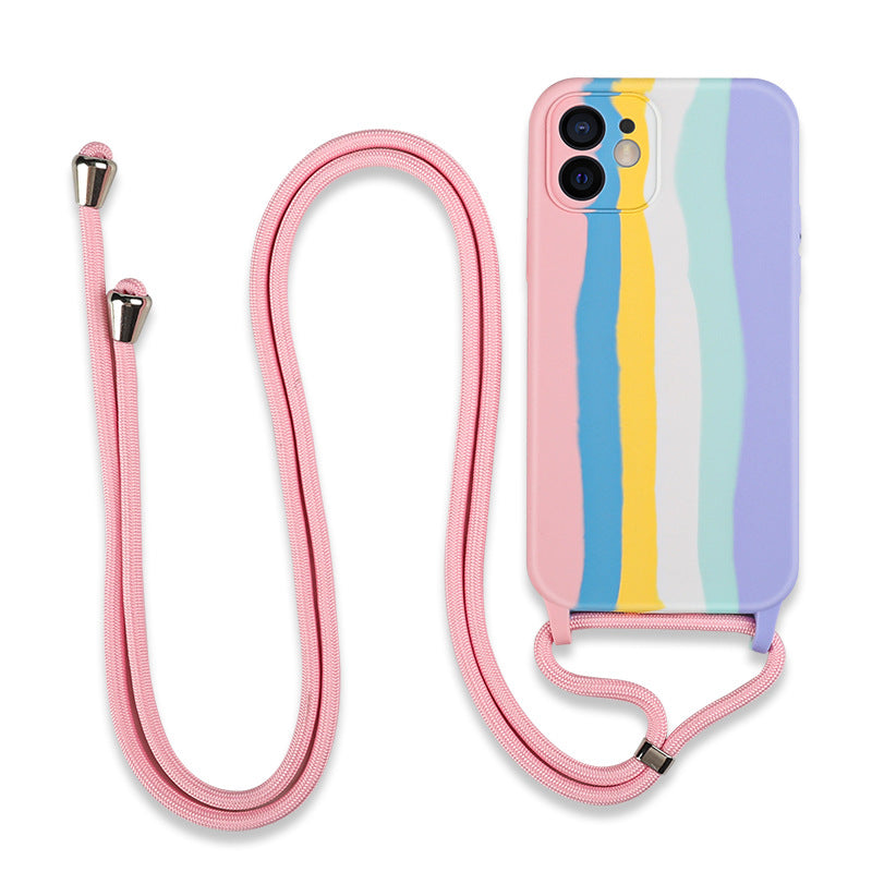 Mobile Phone Cover Apple 13pro Rainbow Lanyard Silicone Cover Suitable For 11pro All-Inclusive Anti-Fall Case 🇨🇳