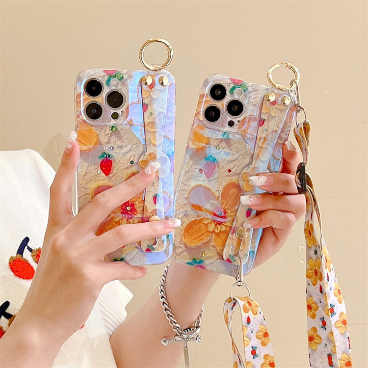 Summer Fresh Yellow Flowers Suitable For Apple iPhone 12 promax Mobile Phone Cover Blue Rhinestone XS Lanyard 🇨🇳