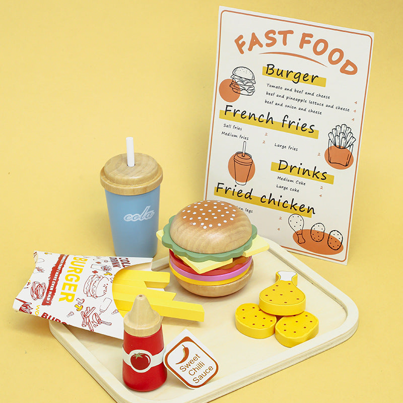 Children's play at home puzzle burger French fries wooden simulation sandwich kitchen wooden toy 🇨🇳
