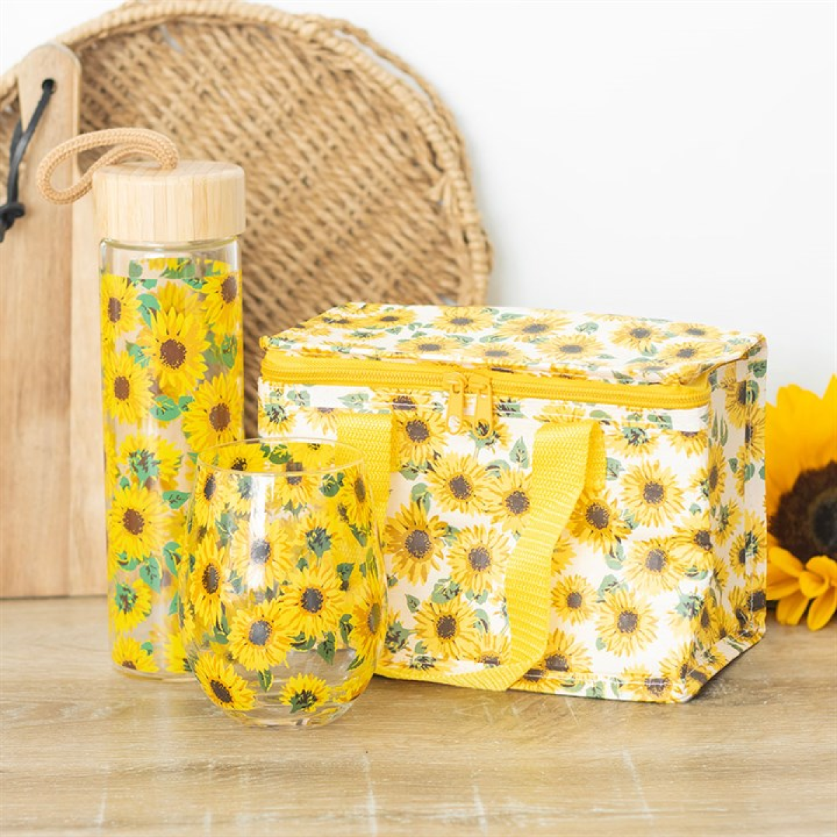 Sunflower Print Glass Water Bottle 🇬🇧