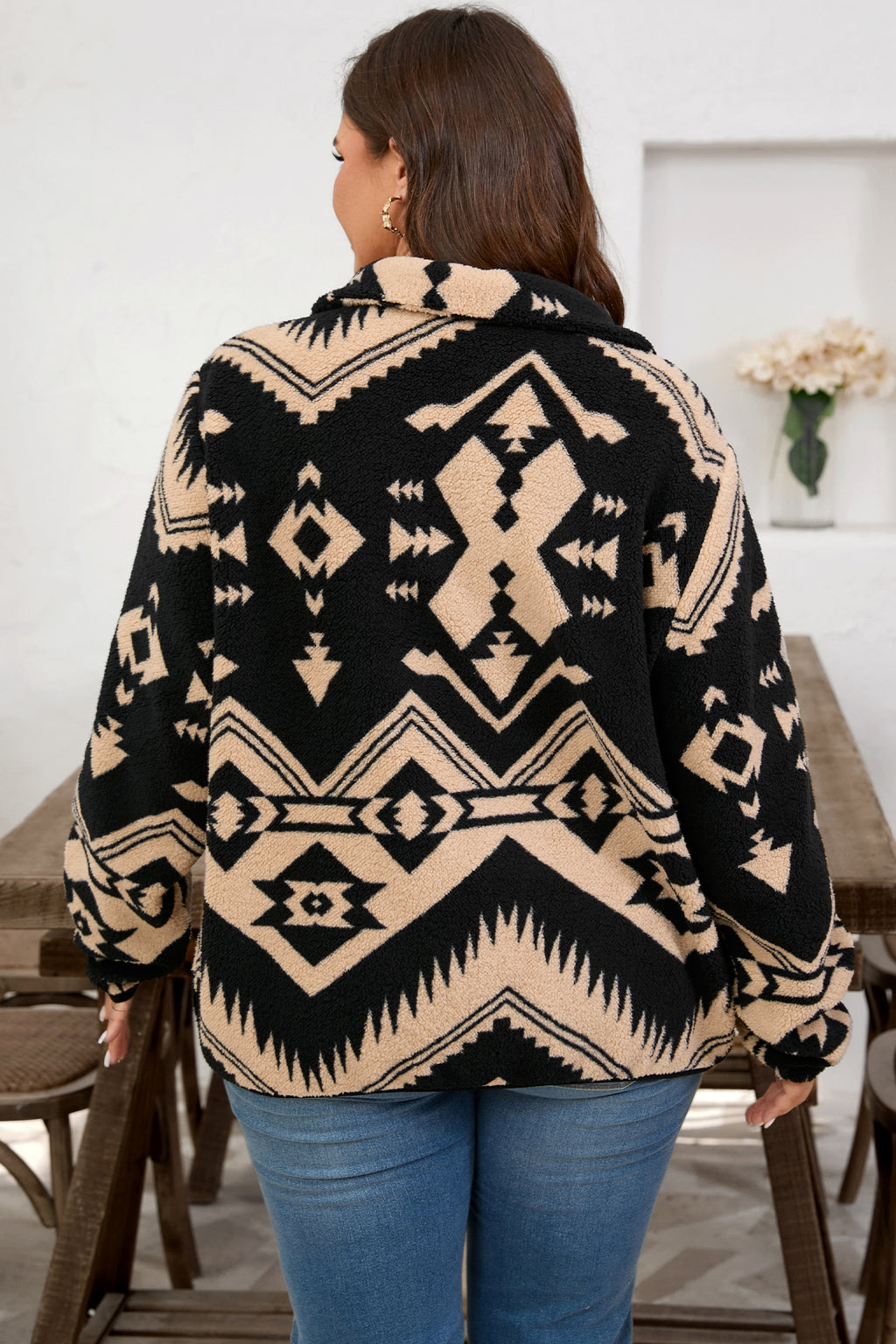 Black Plus Size Western Aztec Pattern Half Button Collared Plush Sweatshirt 🇺🇸