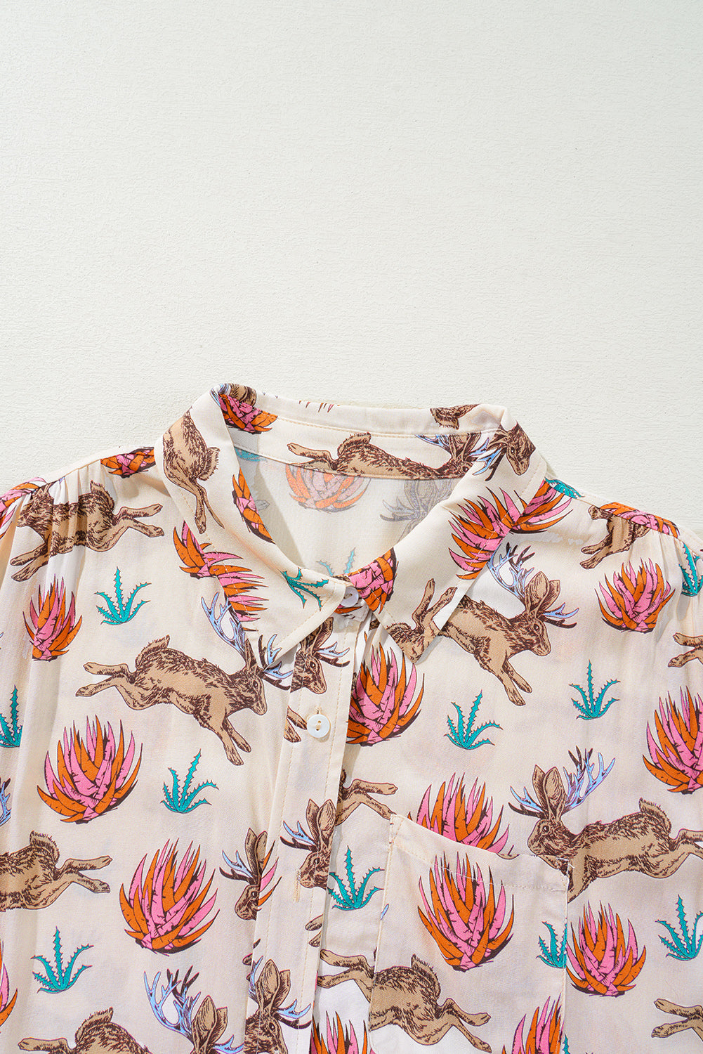 Khaki Plus Size Western Pattern Print Buttoned Short Sleeve Shirt 🇨🇳