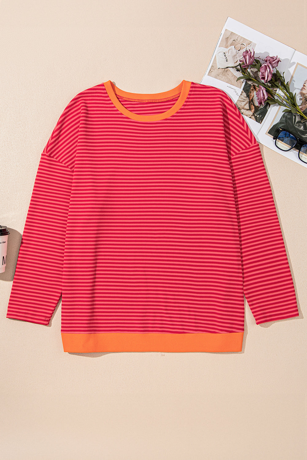 Orange Stripe Plus Size Drop Shoulder Long Sleeve Buttoned Decor Top 🇨🇳