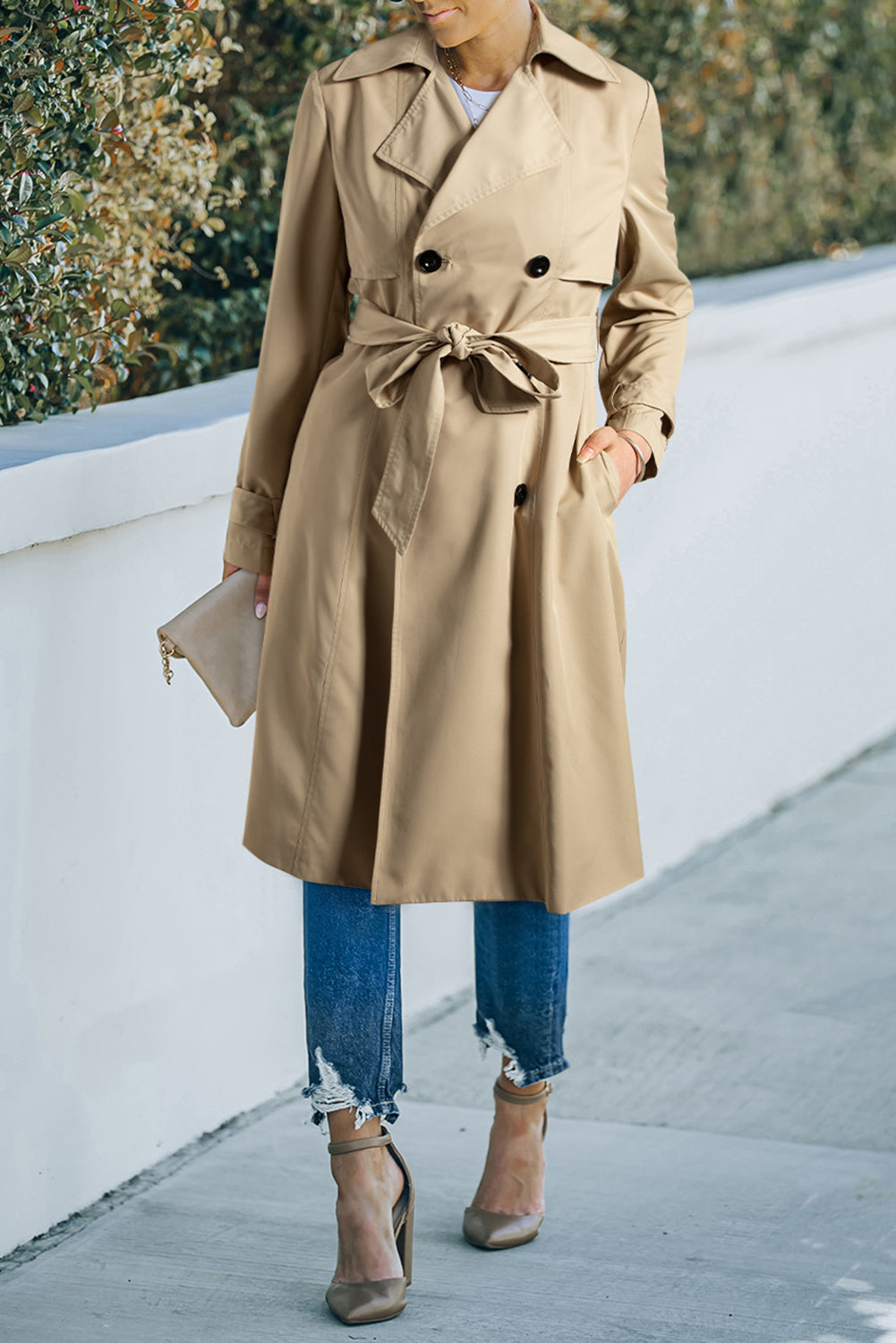Pale Khaki Solid Color Lapel Collar Waist Tie Wind Coat 🇺🇸