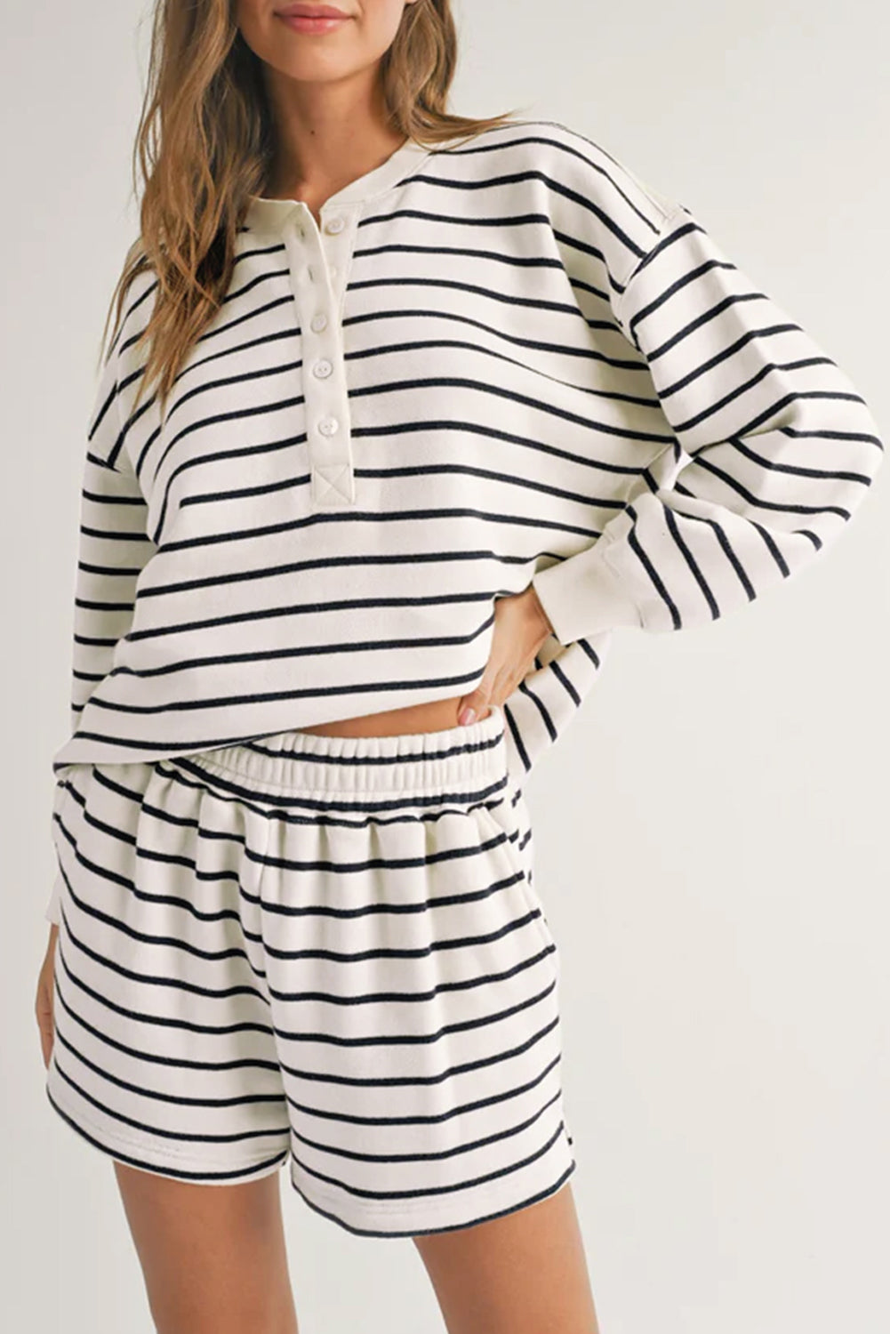 Black white Stripes Printed Half Button Long Sleeve Top and Shorts Set 🇨🇳