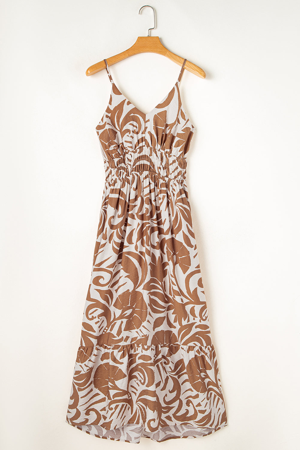 Khaki Floral Shirred High Waist Spaghetti Straps Maxi Dress 🇨🇳