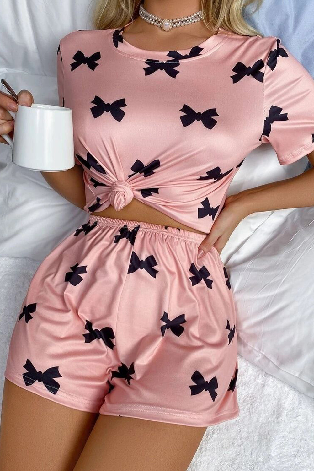 Pink Bow Printed Short 2pcs Lounge Set 🇨🇳