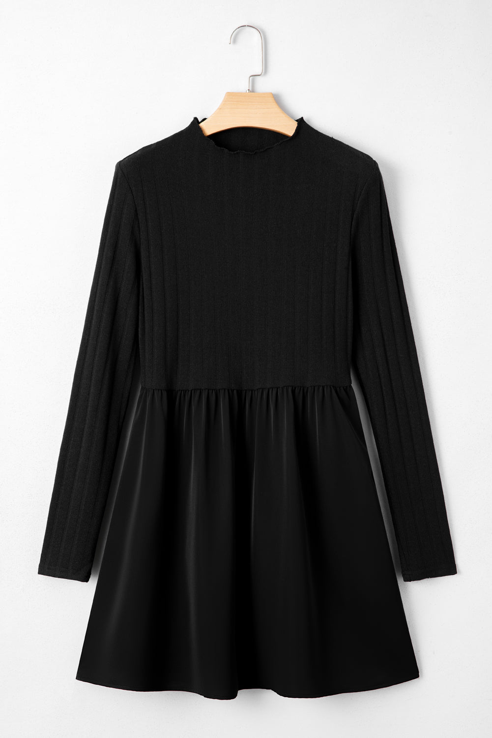 Black Frilled Neck Ribbed Knit Patchwork Long Sleeve Mini Dress 🇺🇸
