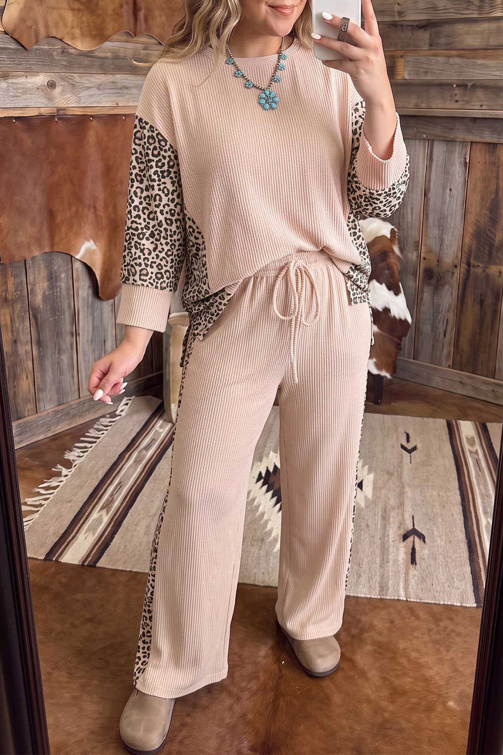 Light French Beige Leopard Print Ribbed Twist Long Sleeve Top Pants Plus Size Set 🇺🇸