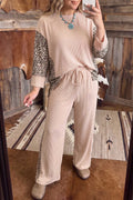 Light French Beige Leopard Print Ribbed Twist Long Sleeve Top Pants Plus Size Set 🇺🇸