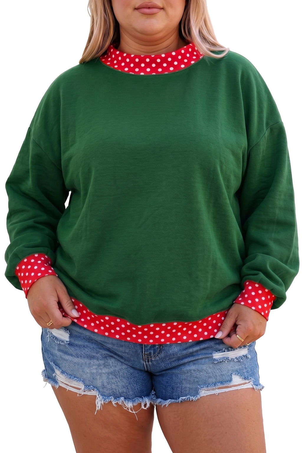 Red Polka Dot Patchwork Round Neck Plus Size Sweatshirt