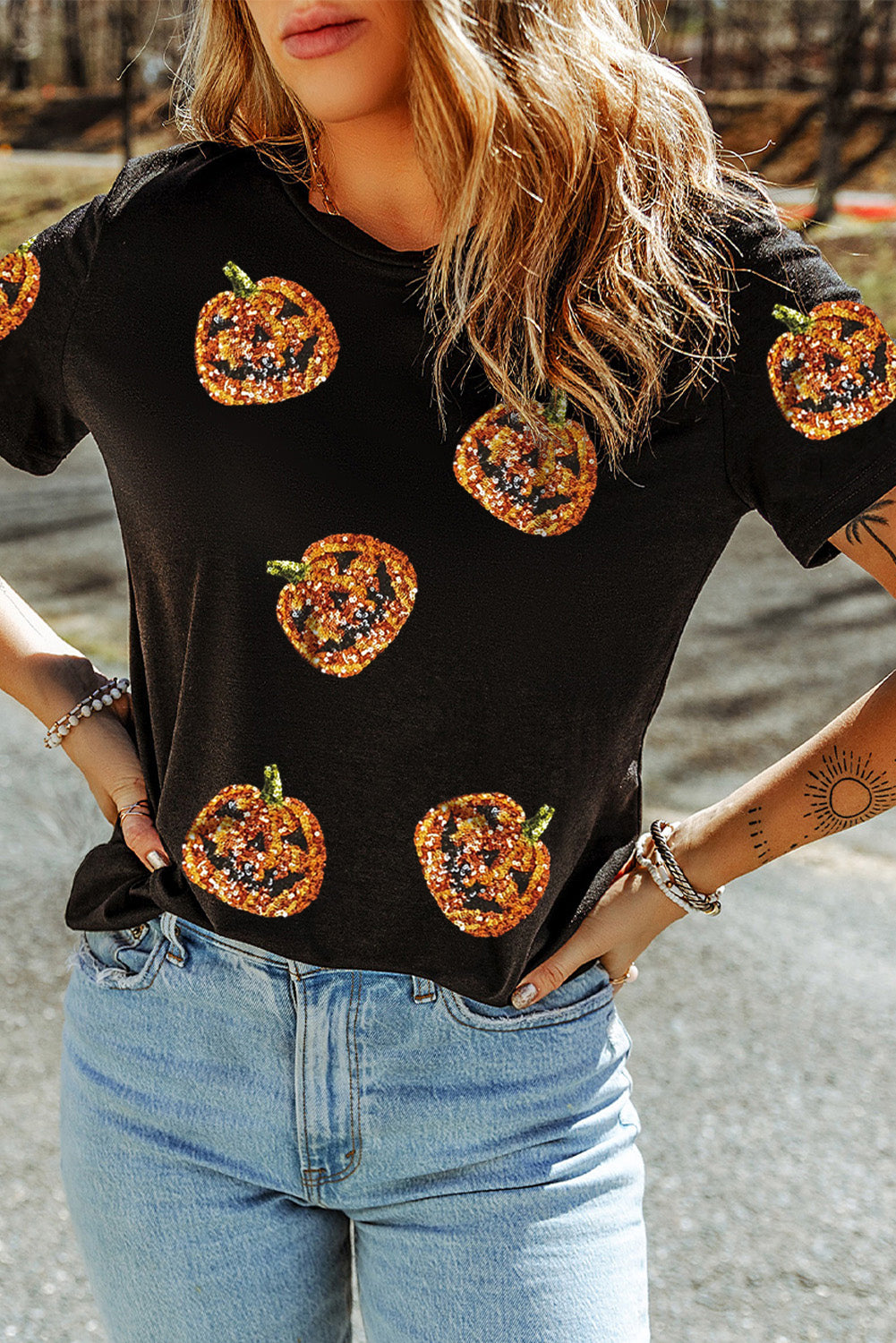 Black Sequin Pumpkin Face Halloween T Shirt 🇺🇸