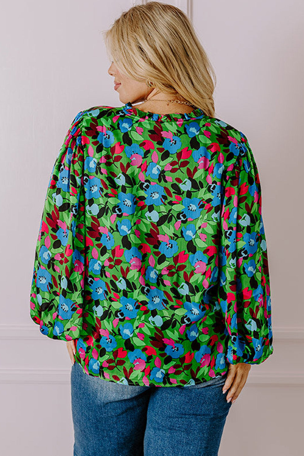 Green Plus Size Floral Bubble Sleeve V Neck Blouse 🇺🇸