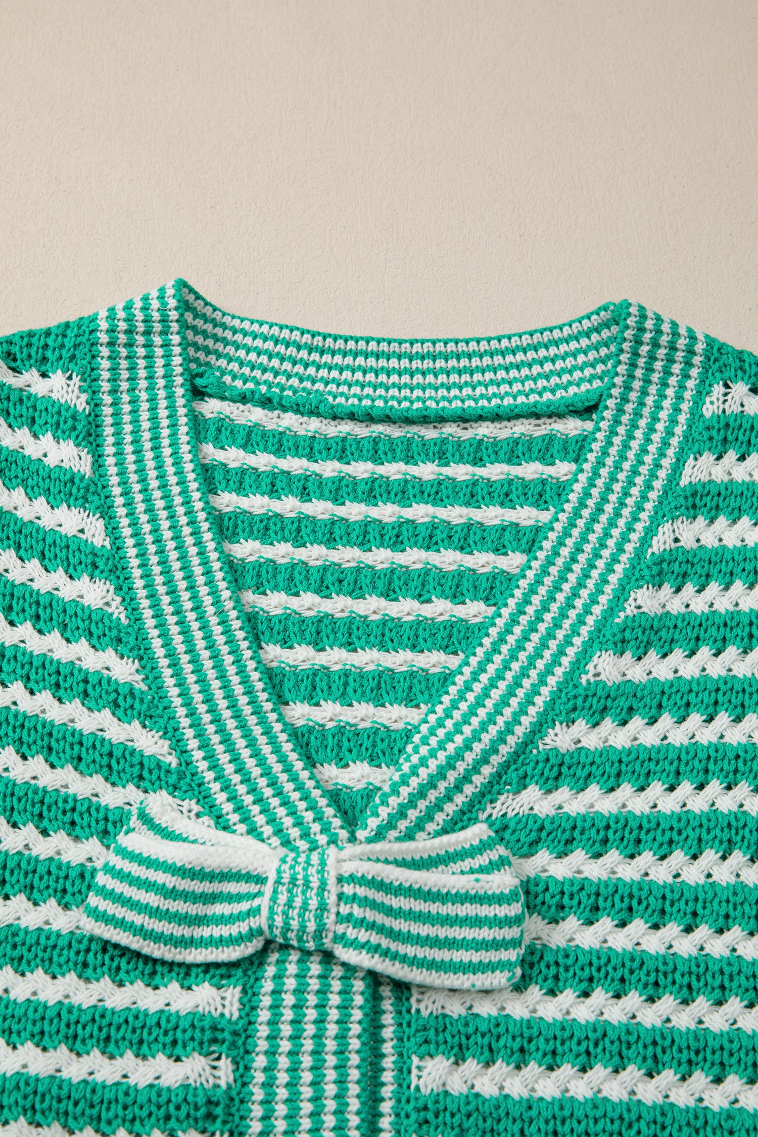 Green Stripe Short Sleeve Knit V Neck Bow Knot Sweater 🇺🇸