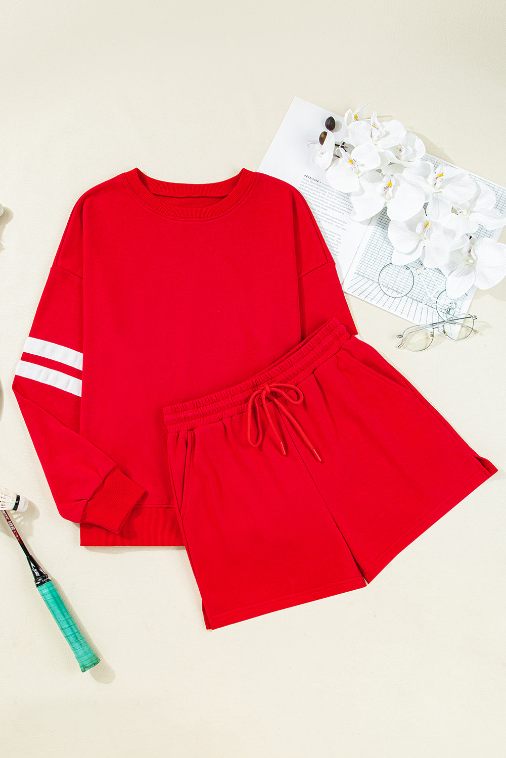 Fiery Red Varsity Striped Sleeve Drop Shoulder Sweatshirt and Short Set 🇺🇲