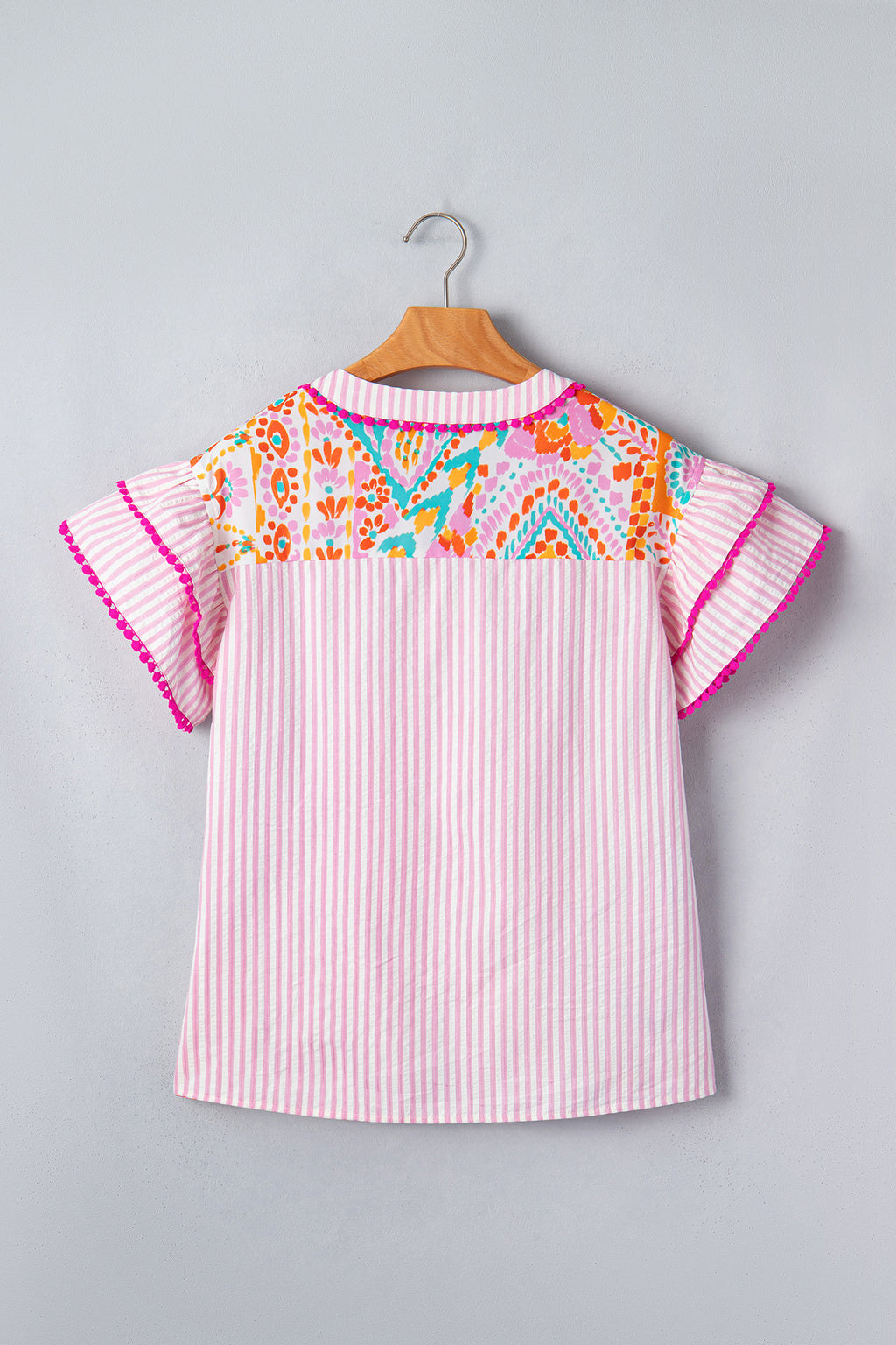 Rose Boho Mixed Print Contrast Trim Striped Patchwork Tiered Short Sleeve Blouse 🇺🇸