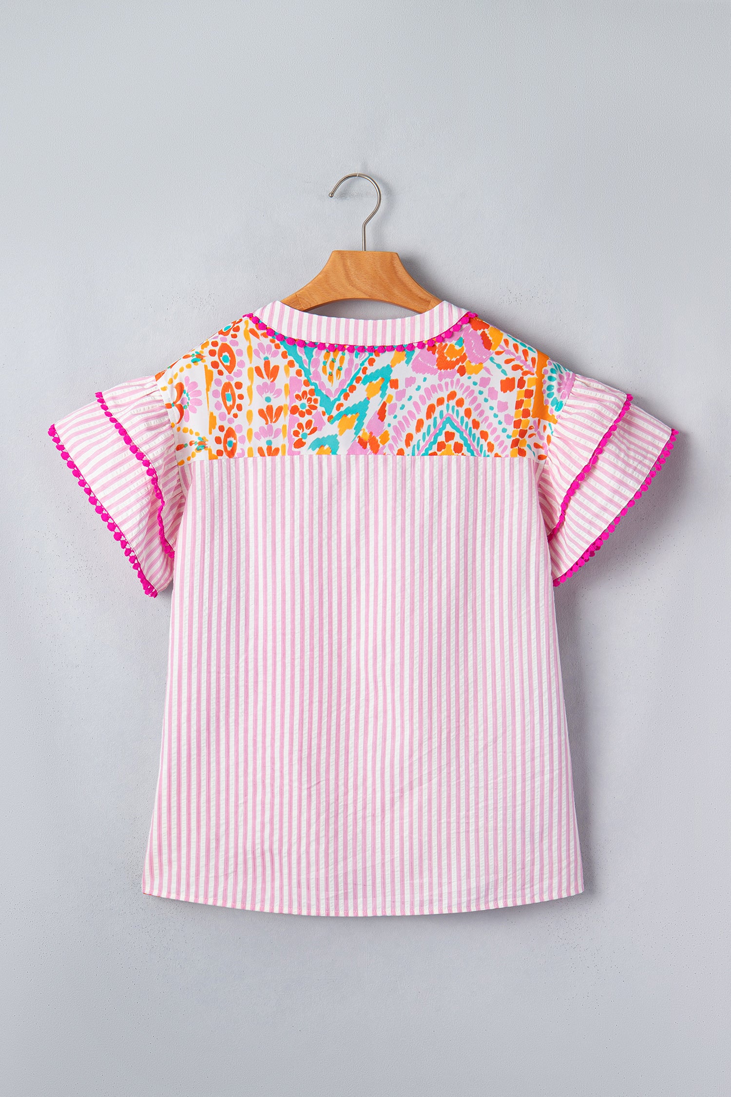 Rose Boho Mixed Print Contrast Trim Striped Patchwork Tiered Short Sleeve Blouse 🇺🇸
