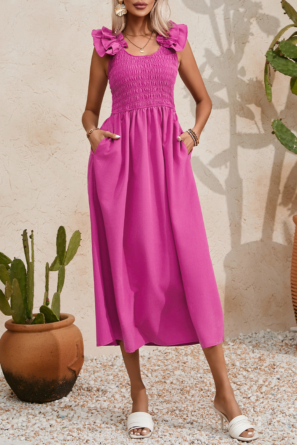 Rose Red Solid Color Ruffled Straps Smocked Ruched Maxi Dress 🇺🇸