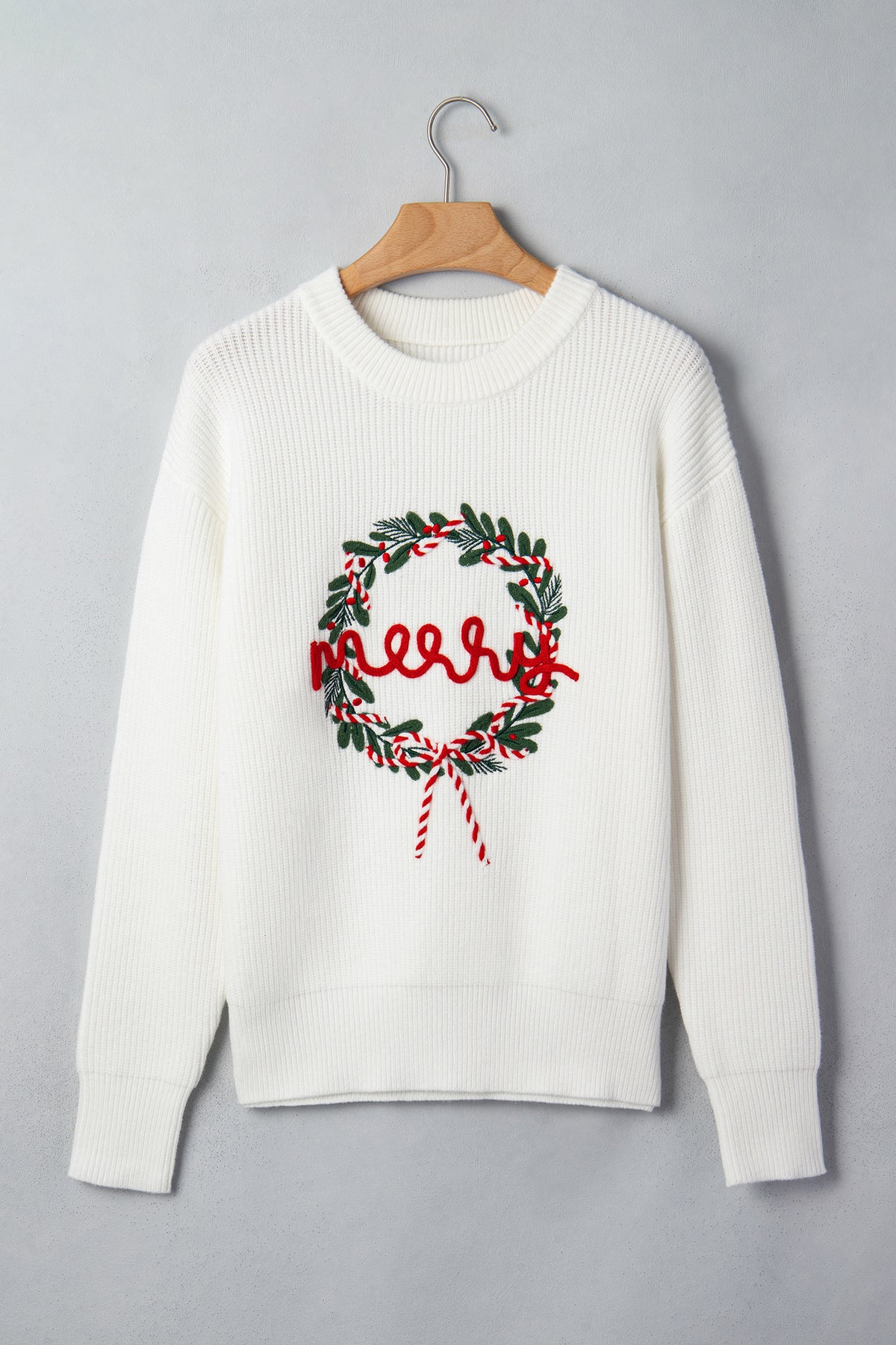 White Christmas Wreath Pattern Round Neck Casual Sweater 🇺🇸