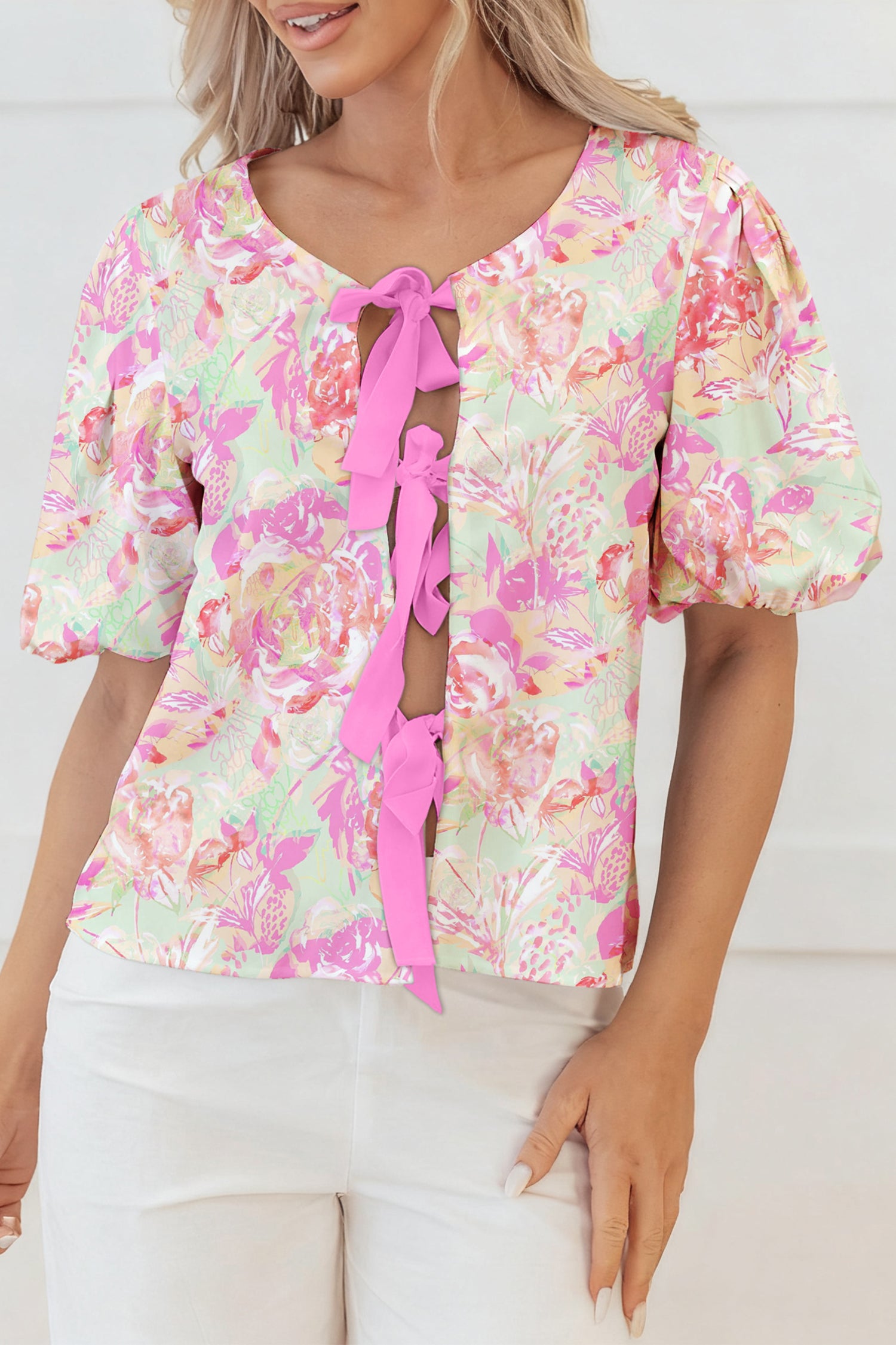 Pink Ribbon Knot Front Floral Short Puff Sleeve Blouse 🇺🇸