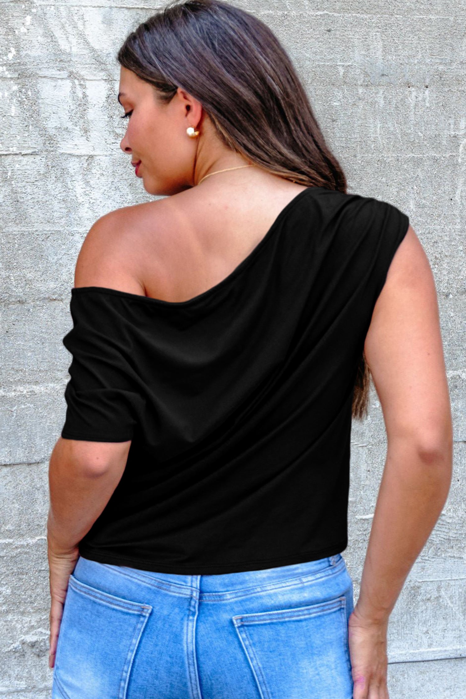 Black Plus Size Solid Color Asymmetric Neck Short Sleeve Blouse 🇺🇸