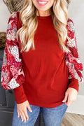 Fiery Red Contrast Mixed Animal Print Lantern Sleeve Patchwork Top 🇺🇸