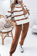 Brown Stripe Striped Drop Shoulder Pullover and Jogger Pants Set 🇨🇳