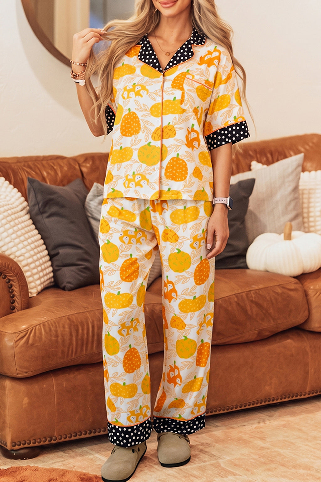 Orange Short Sleeve Pumpkin Print Polka Dot Trim Pocket Pocket Placket Lounge Set 🇺🇸