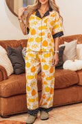 Orange Short Sleeve Pumpkin Print Polka Dot Trim Pocket Pocket Placket Lounge Set 🇺🇸