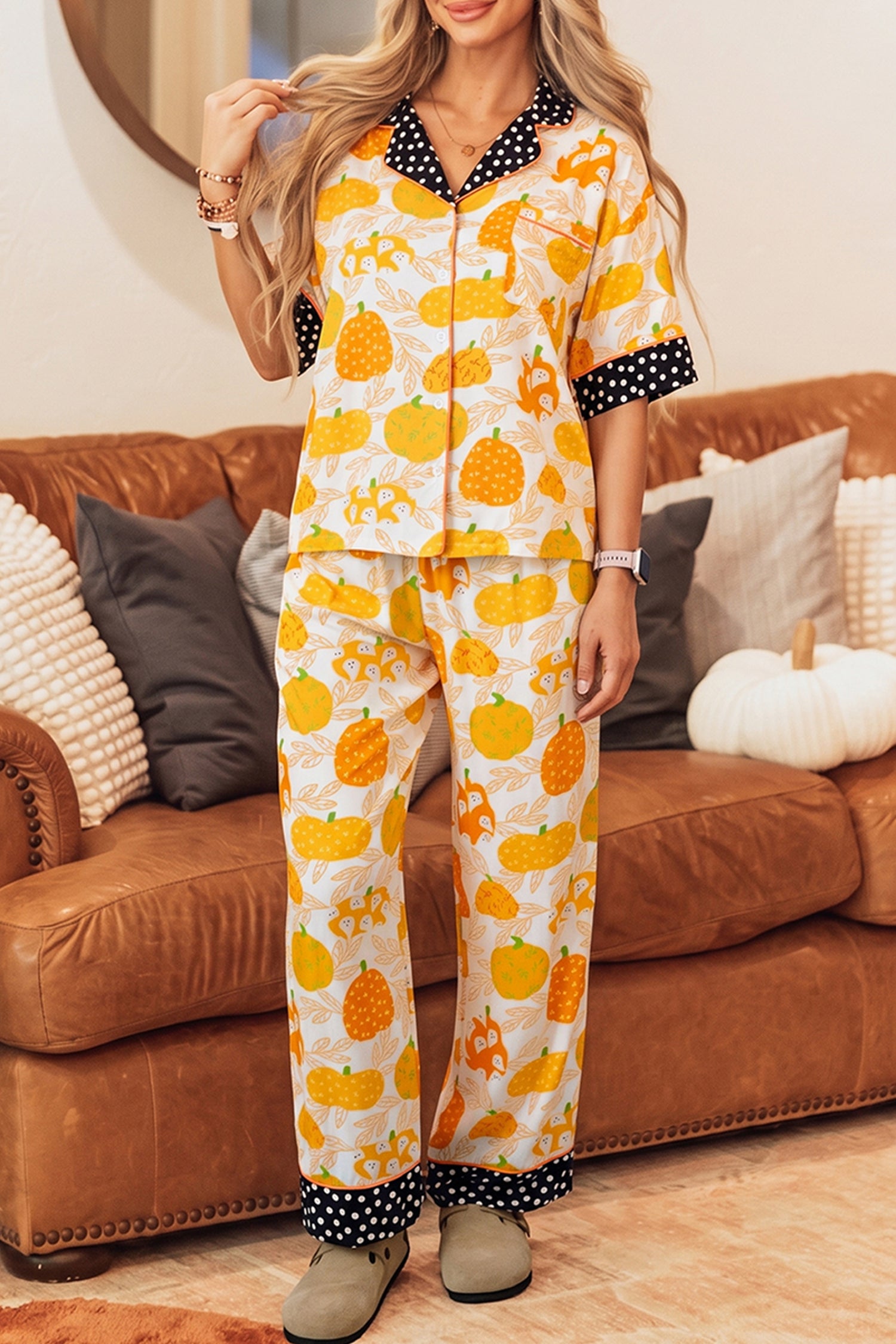 Orange Short Sleeve Pumpkin Print Polka Dot Trim Pocket Pocket Placket Lounge Set 🇺🇸