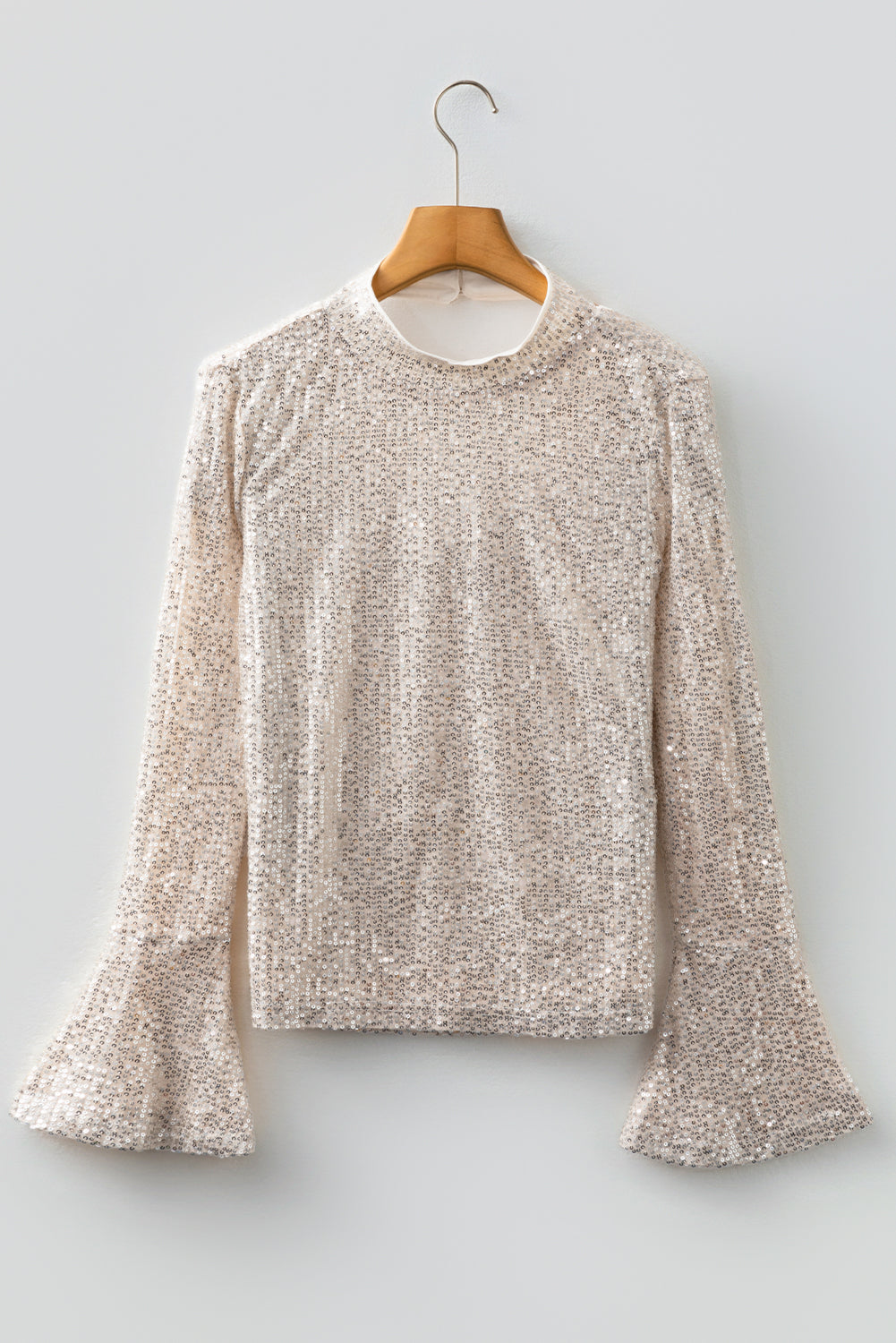 Jet Stream Sequin Mock Neck Drape Open Back Bell Sleeve Top 🇺🇸