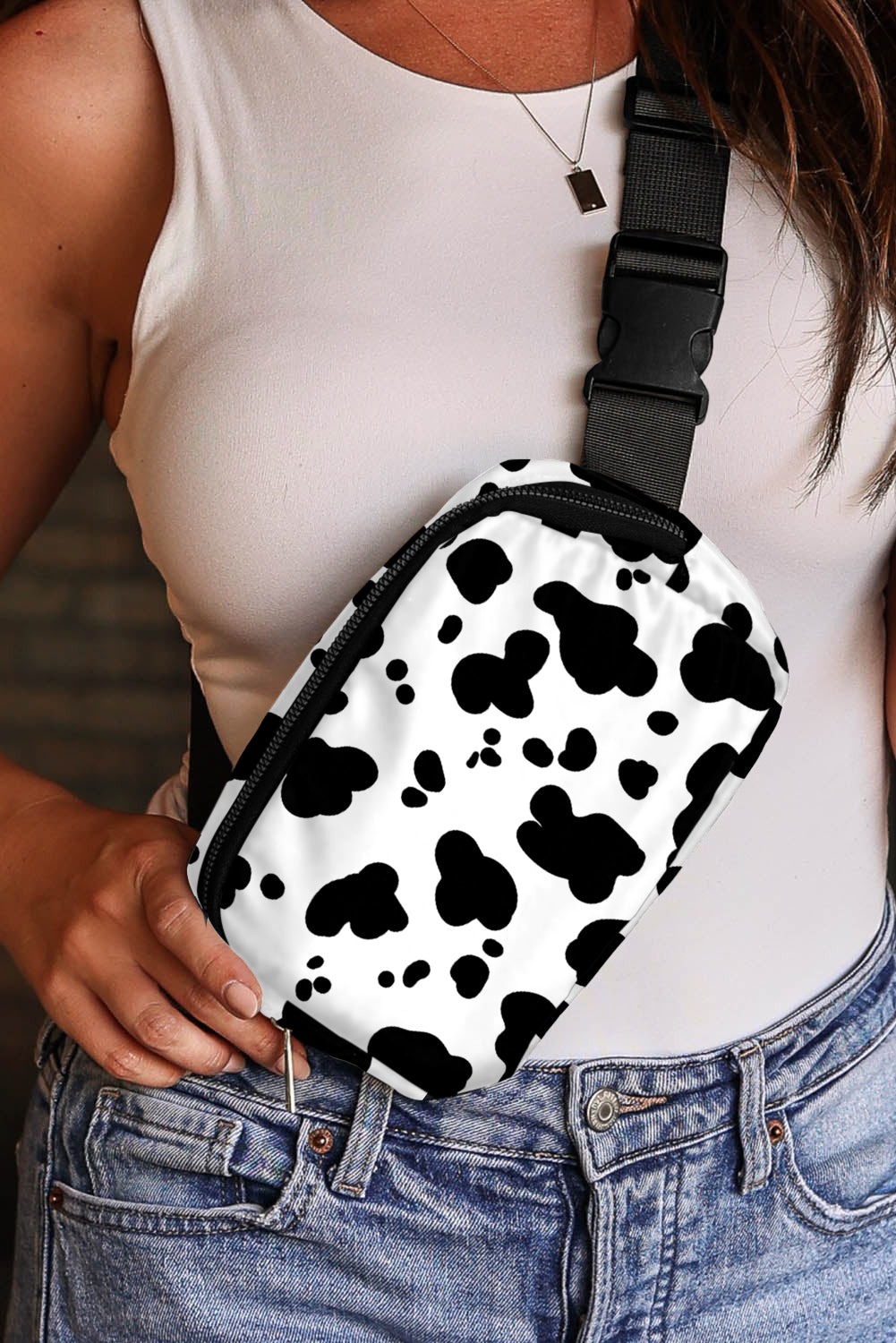 White Cow Pattern Print Buckle Wide Belt Inclined Shoulder Bag 🇨🇳
