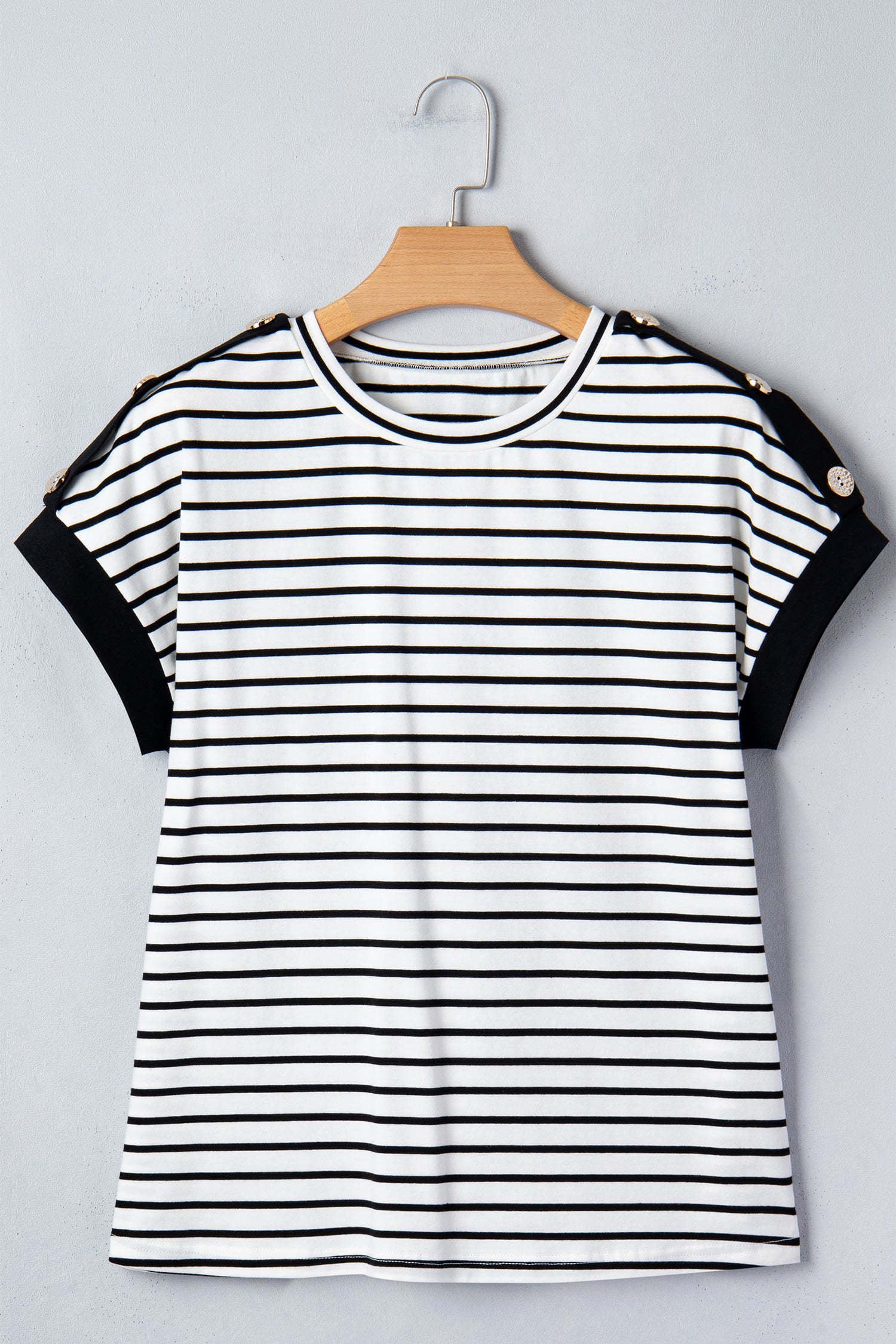 Black Stripe Cuffed Sleeve Button Detail Loose Tee 🇺🇸