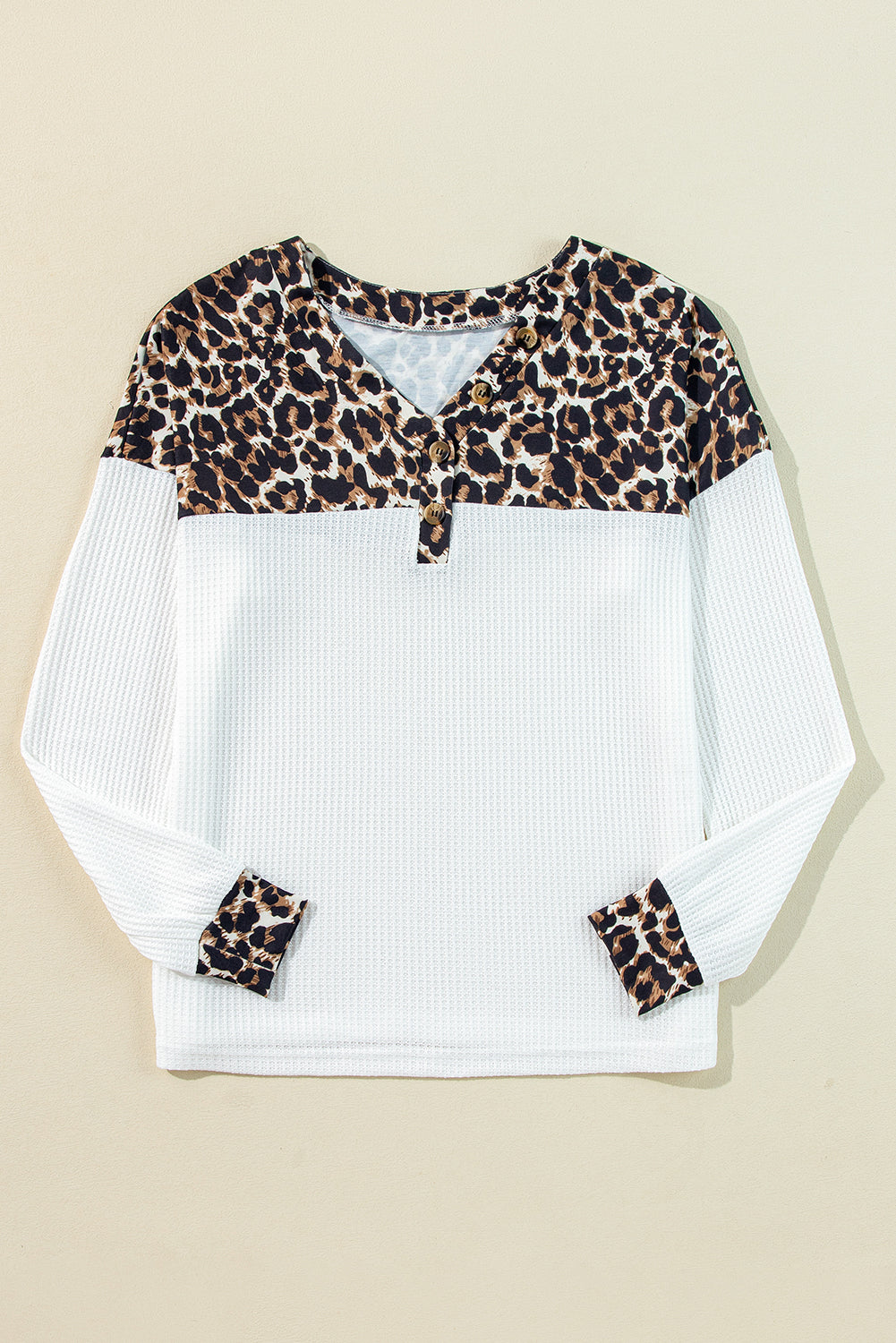 White Leopard Waffle Knit Patchwork Button V Neck Top 🇺🇸